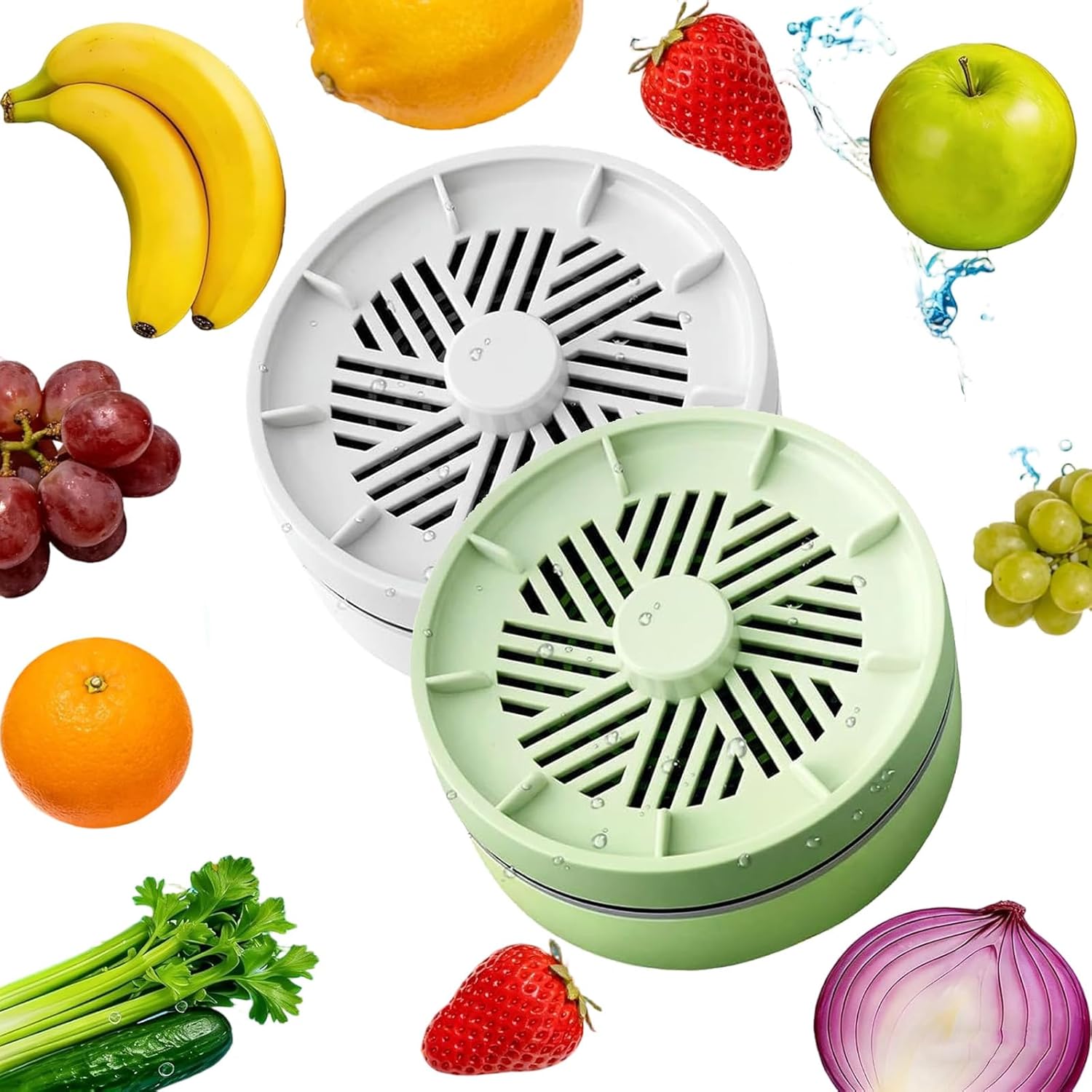 Fruit and Vegetable Washing Machine, Portable Wireless Fruit Cleaner Device, IPX7 Waterproof Veggie Wash with Titanium Electrolysis Purifier & Magnetic Charging for Home Kitchen (White+Green)
