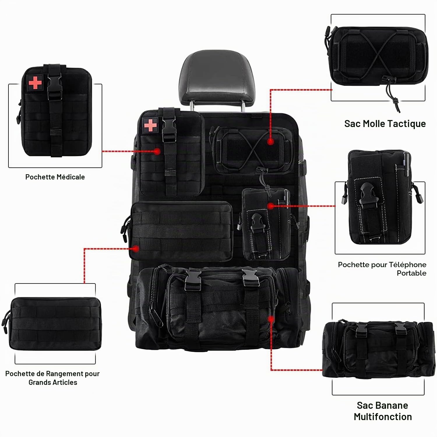 Organisateur Voiture 6-en-1 Tactique - Organisateur de Siège Auto Arrière Universel avec Poches Multi-fonctions, Imperméable pour Famille et Voyage