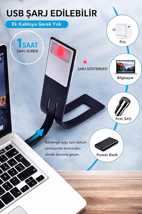 Neo Vista Şarjlı Kitap Okuma Lambası, LED Masa Lambası, 3 Renkli Kademeli Dimmer, Mandallı Kitap Işığı [Enerji Sınıfı A]