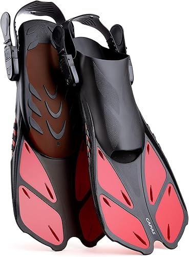 Vista 4 de CAPAS - Aletas de natación de talón abierto, tamaño de viaje, cortas, ajustables para buceo, adultos, hombres, mujeres y niños Rojo