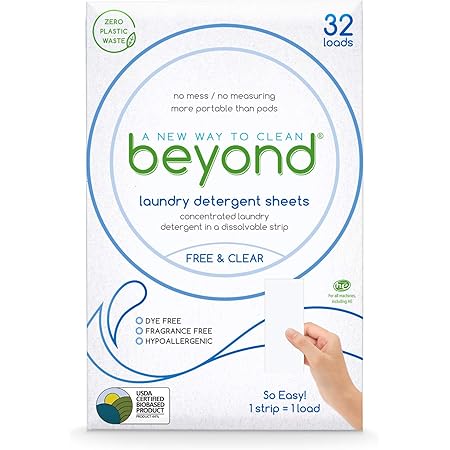 Beyond FREE & CLEAR Eco-friendly Laundry Detergent Sheets. Zero Plastic Waste (1 Pack of 32)