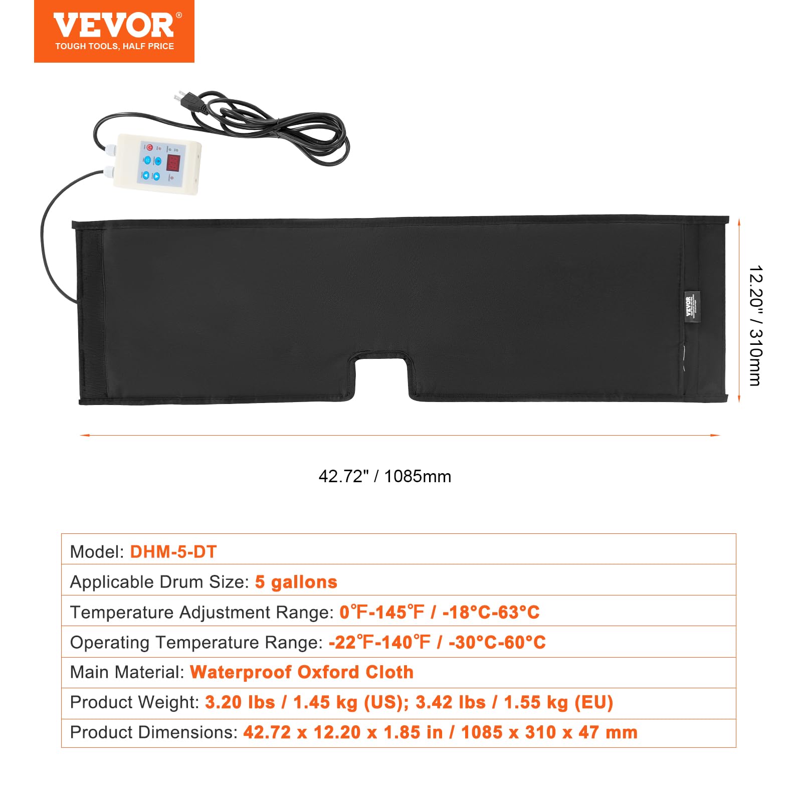 VEVOR Calentador de Tambor 250 W Cinturón Calefactor para Tambor de 5 galones -17,78~62,78 °C con Termostato Independiente Manta Calefactora Alta Eficiencia para Barriles Tela Oxford Impermeable