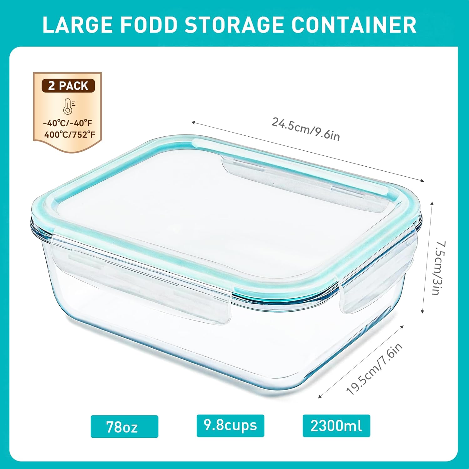 2 Pack 78 Oz / 9.8 Cups Large Glass Food Storage Containers with Lids, Meal Prep Containers for Baking, Serving, Glass Storage Container, BPA Free, Leakproof, Freezer, Microwave/Oven Safe - Image 5
