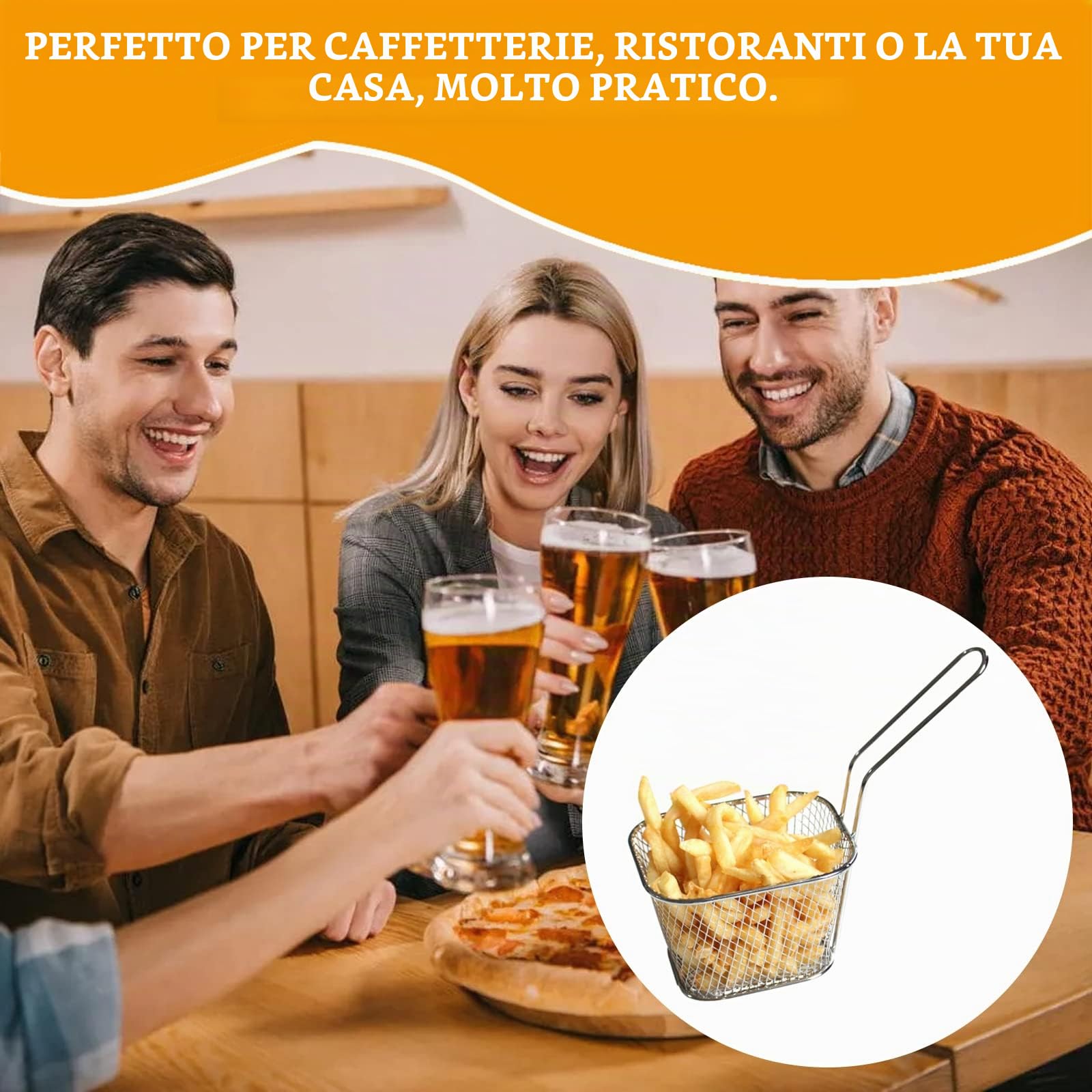 Sporgo 12 cestini per patatine fritte: piccoli cestini in acciaio inox color argento, per patatine fritte, cestini con manico, cestino per patatine fritte, anelli di cipolla, pepite di pollo (1)