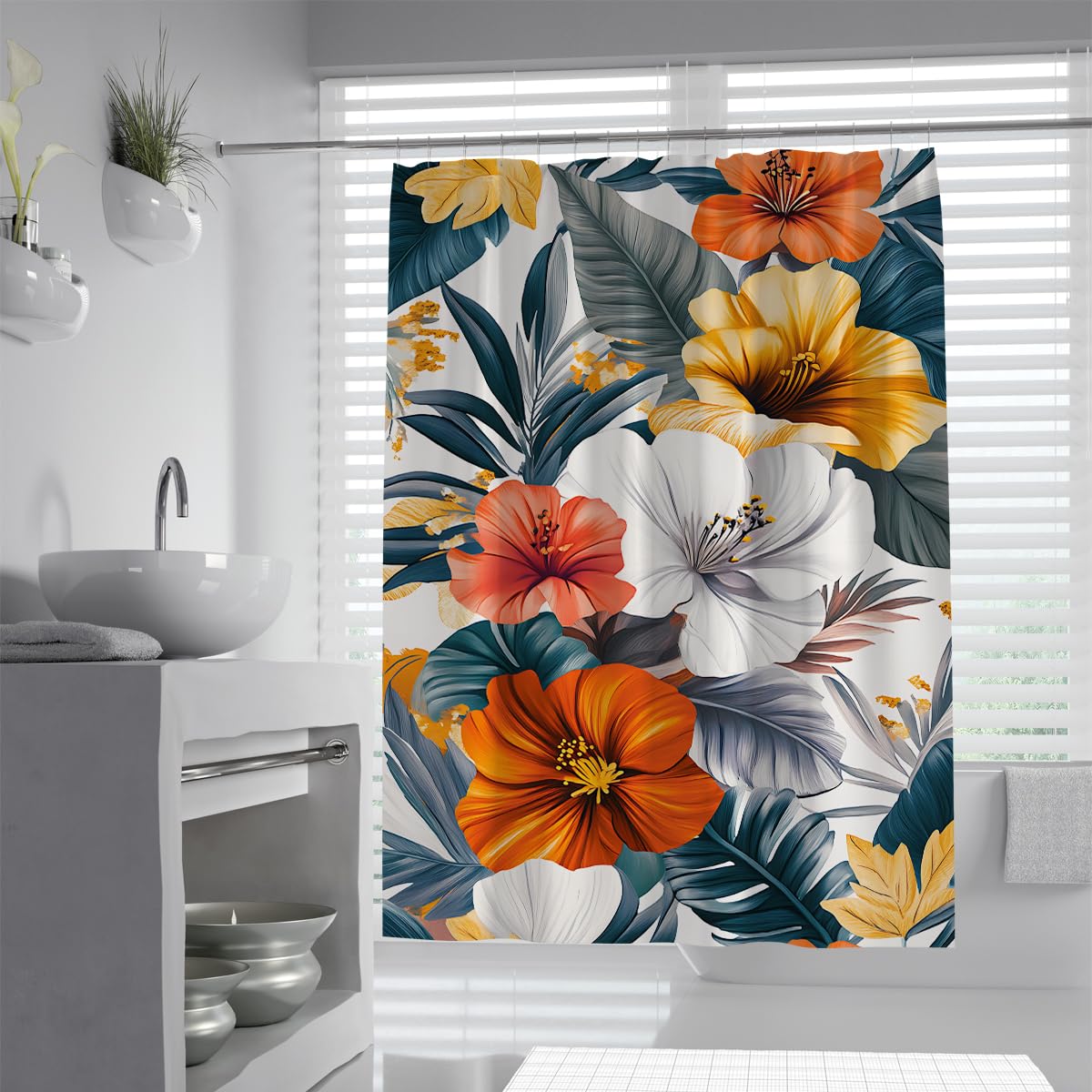 UIRINGART Tropical Orange Yellow Hibiscus Flowers Shower Curtain W120xL180cm Exotic Jungle Palm Leaves Pattern Fabric Mildew Resistant Quick Dry Bathroom Screen Rustproof Grommets