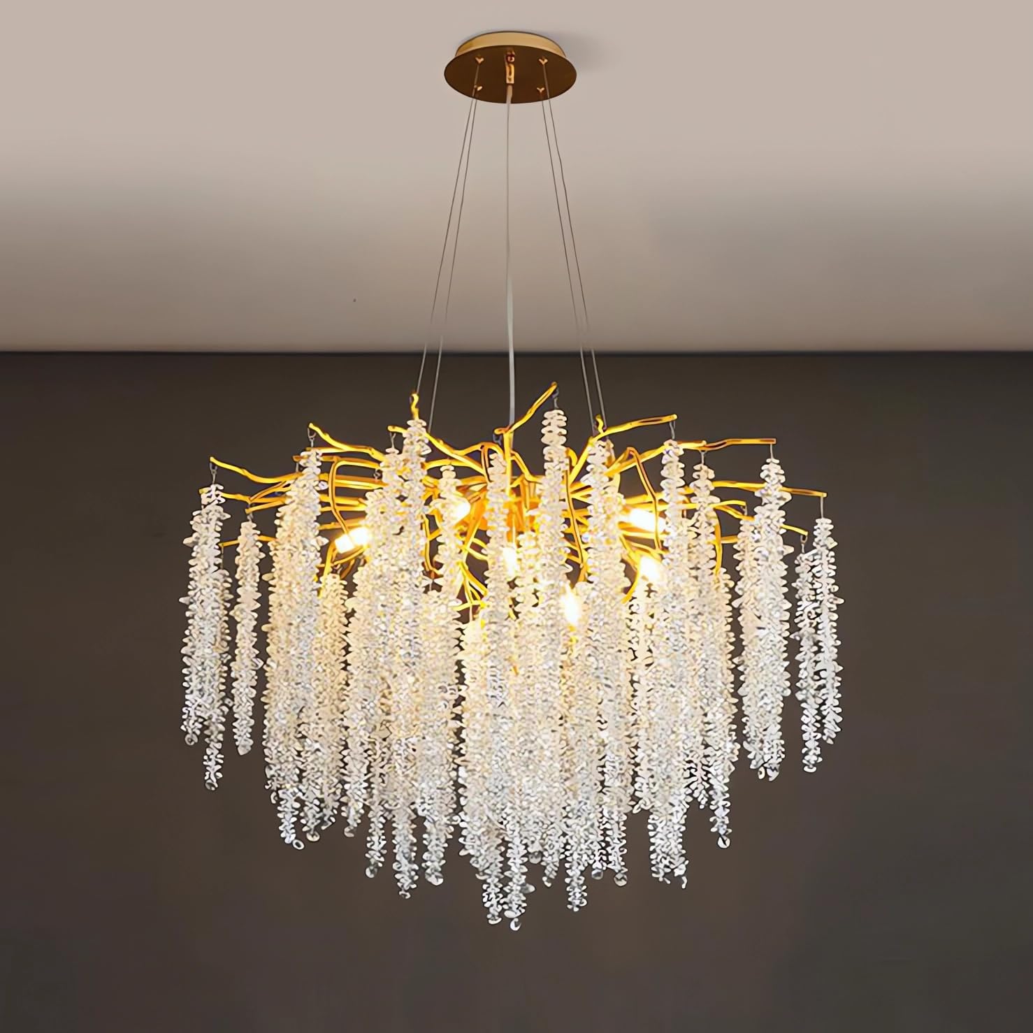 KXEcoLife Modern Crystal Tree Branch Chandelier, Luxury Raindrop Pendant Light Fixture Hanging for Dining Room Bedroom Living Entryway,Round D80cm
