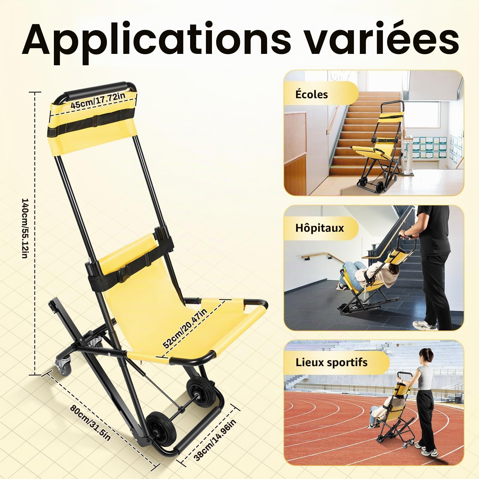 Ascenseur manuel Chaise d'escalier portable pour personnes âgées pliable levage d'escalier Résiste à 350.53 lbs Capacité de chargement Chaise pliante d'évacuation pour le transport des patients