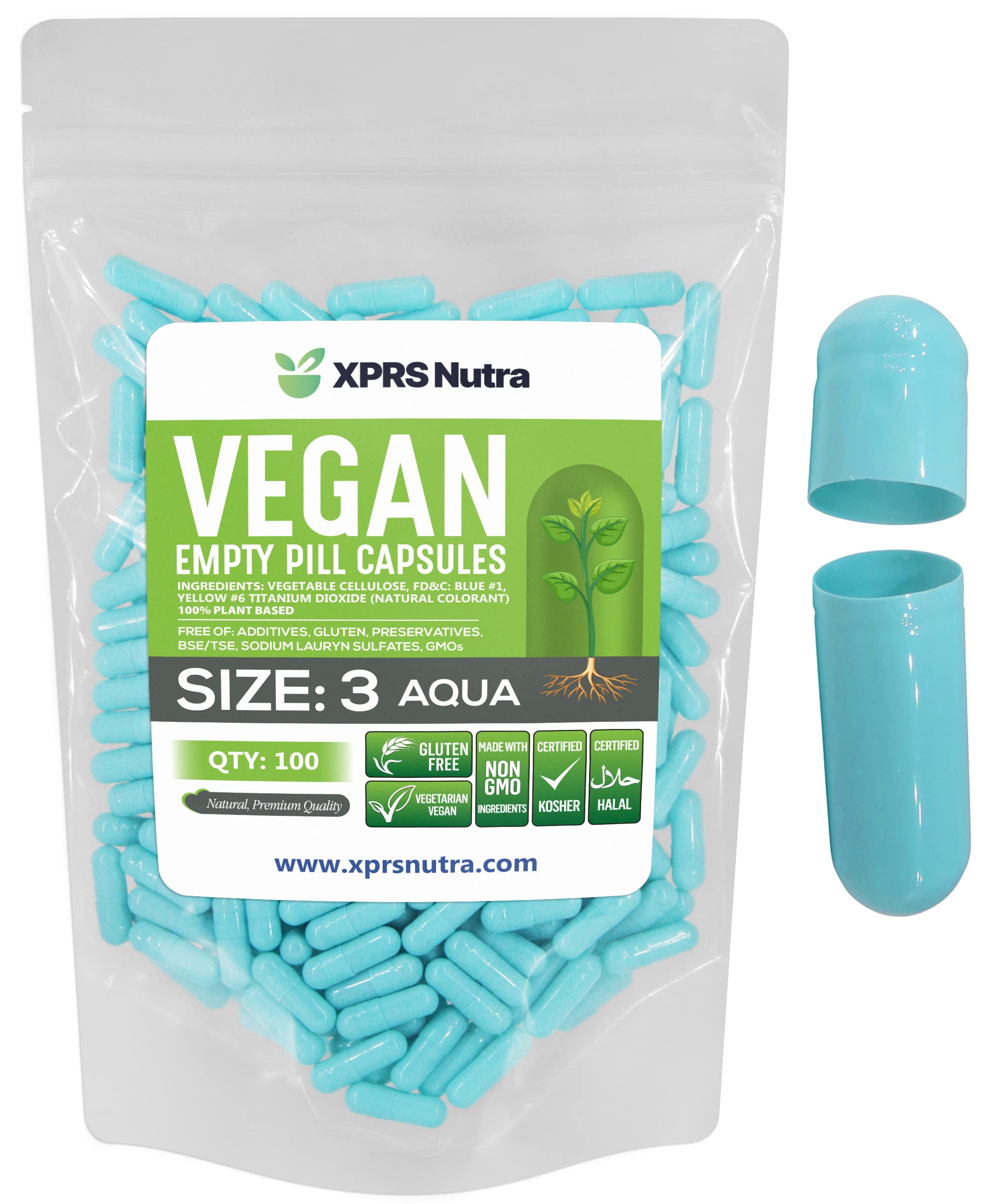 XPRS Nutra Size 3 Empty Capsules - 100 Count Vegan Pills - Vegetarian Empty Pill Capsules - DIY Vegetable Capsule Filling- Veggie Pill Caps (Aqua) Aqua 100 Count (Pack of 1)