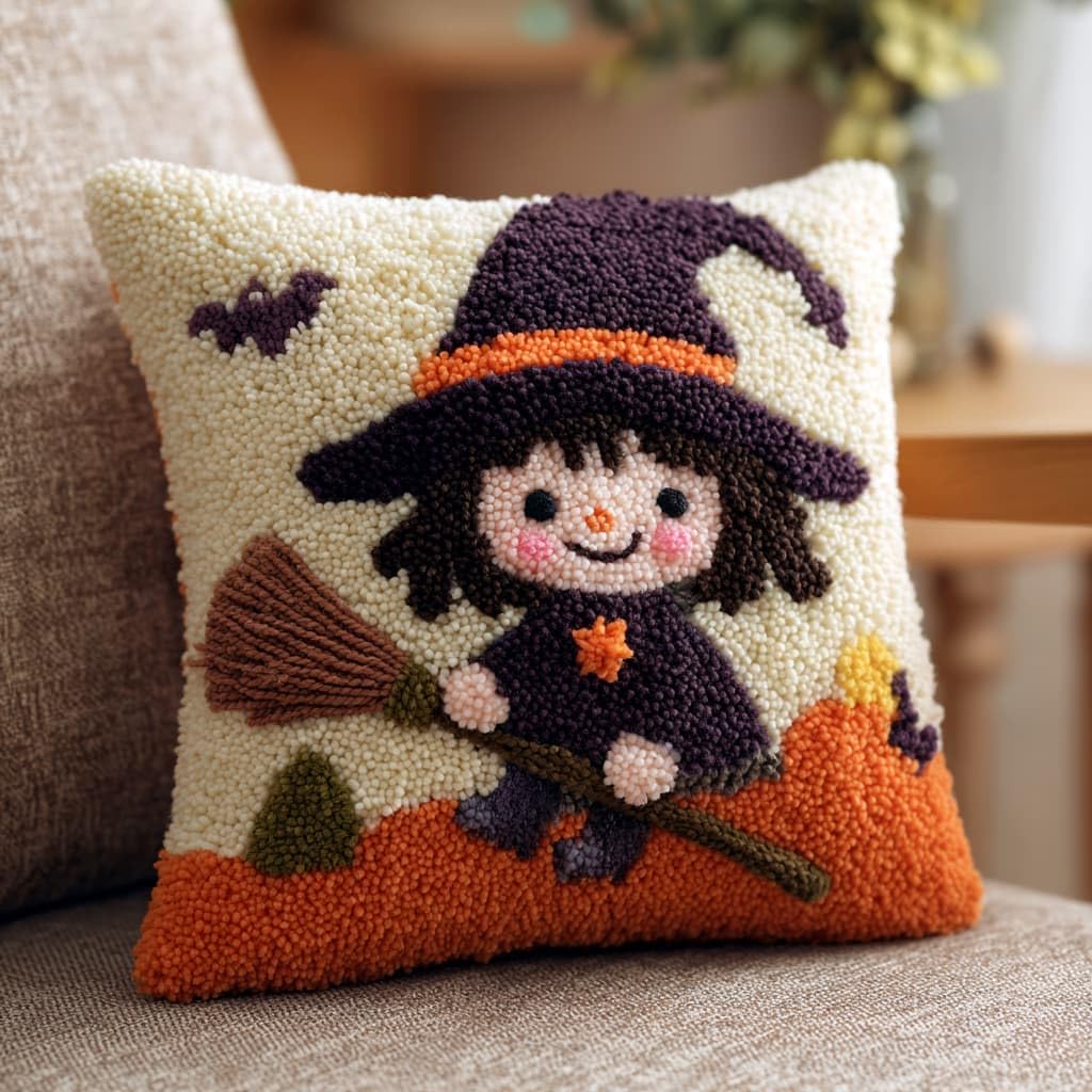 Taxpy Latch Hook Kits, Girl and Broom Pillow Cover DIY Crochet Hook Cushion Rug Making Kits with Printed Pattern Canvas Needlework Hooking Adorment 43x43cm