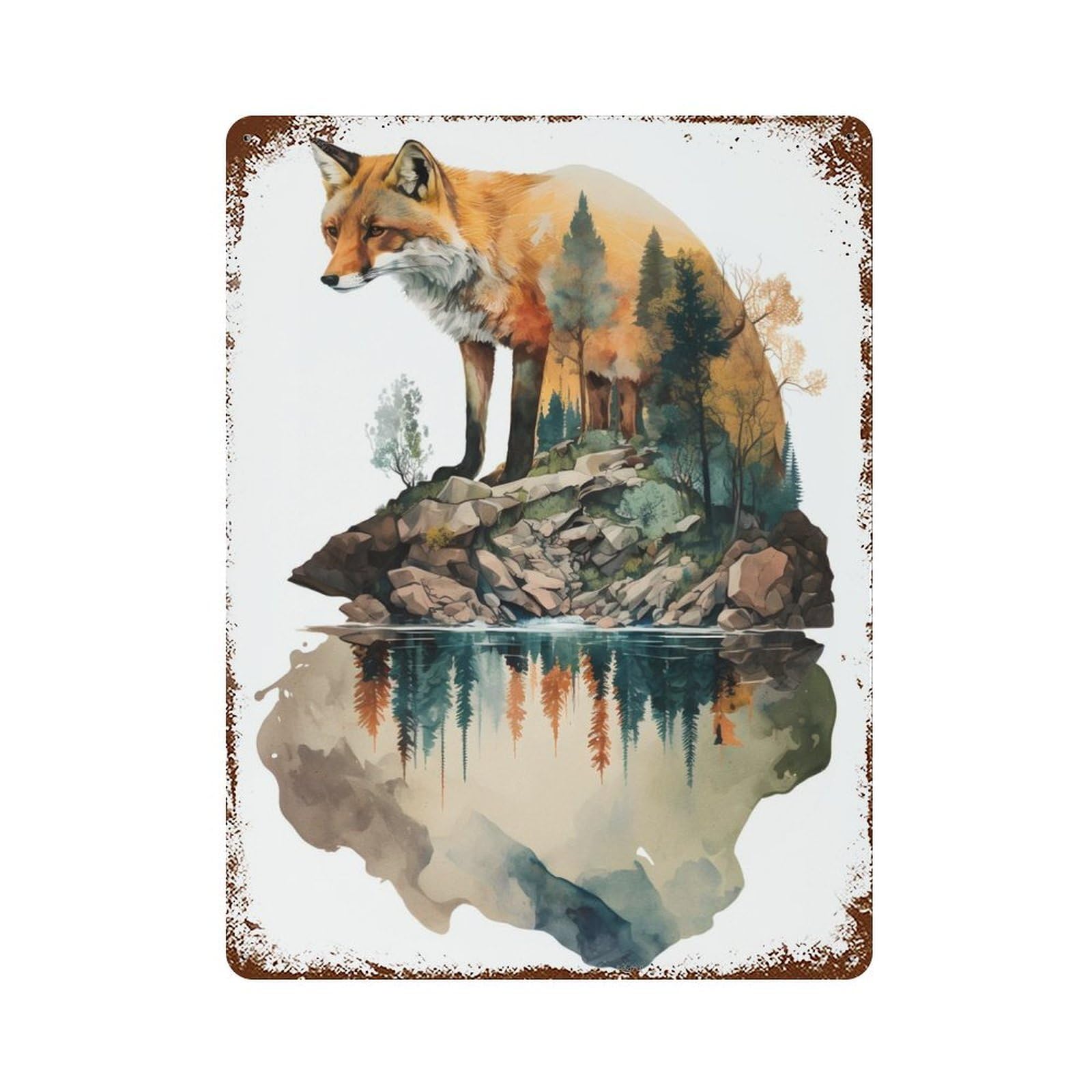 Rust Effect Animal Fox Rusty Metal Tin Sign 15.7"x11.8", Old School Wall Decor for Basement, Hobby Room And Garage Decor