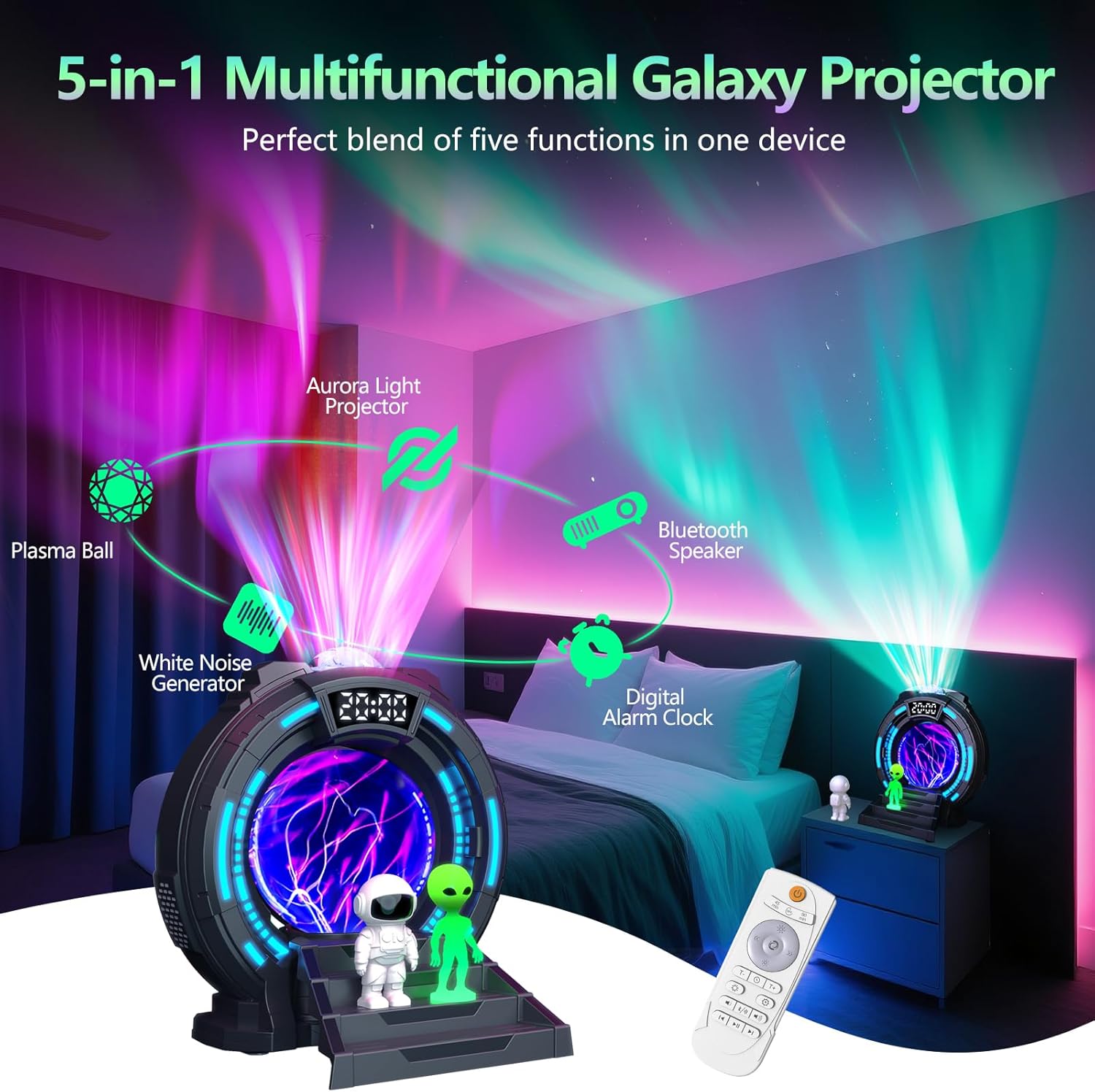 Galaxy Projector with Plasma Ball, 8 Aurora Lights, White Noise Machine, Bluetooth Speaker, Timer Alarm Clock, Remote Controlled Night Light for Bedroom, Kids/Adults, Party, Gifts