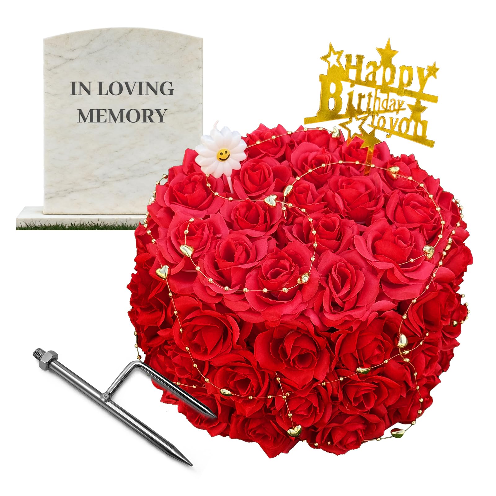 Never Blown Away! Cemetery Decor, Grave Tombstone Silk Cake - Artificial Graveside Headstone Decoration - Handcrafted Gift for Christmas, Memorial Day, Valentine's to Remember Loved Ones (Red)