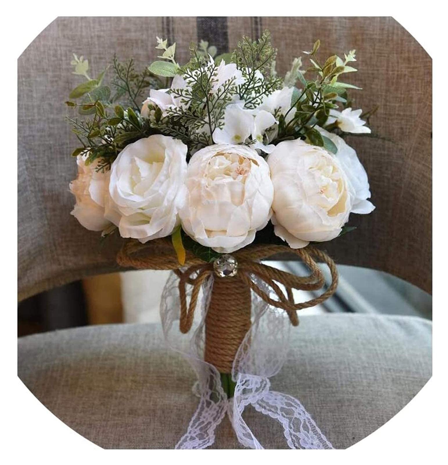 Bouquet da Sposa Romantico Fatto a Mano, Fiori Artificiali Color Champagne, Pizzo, Stile Rustico, per Contenere i Bouquet.