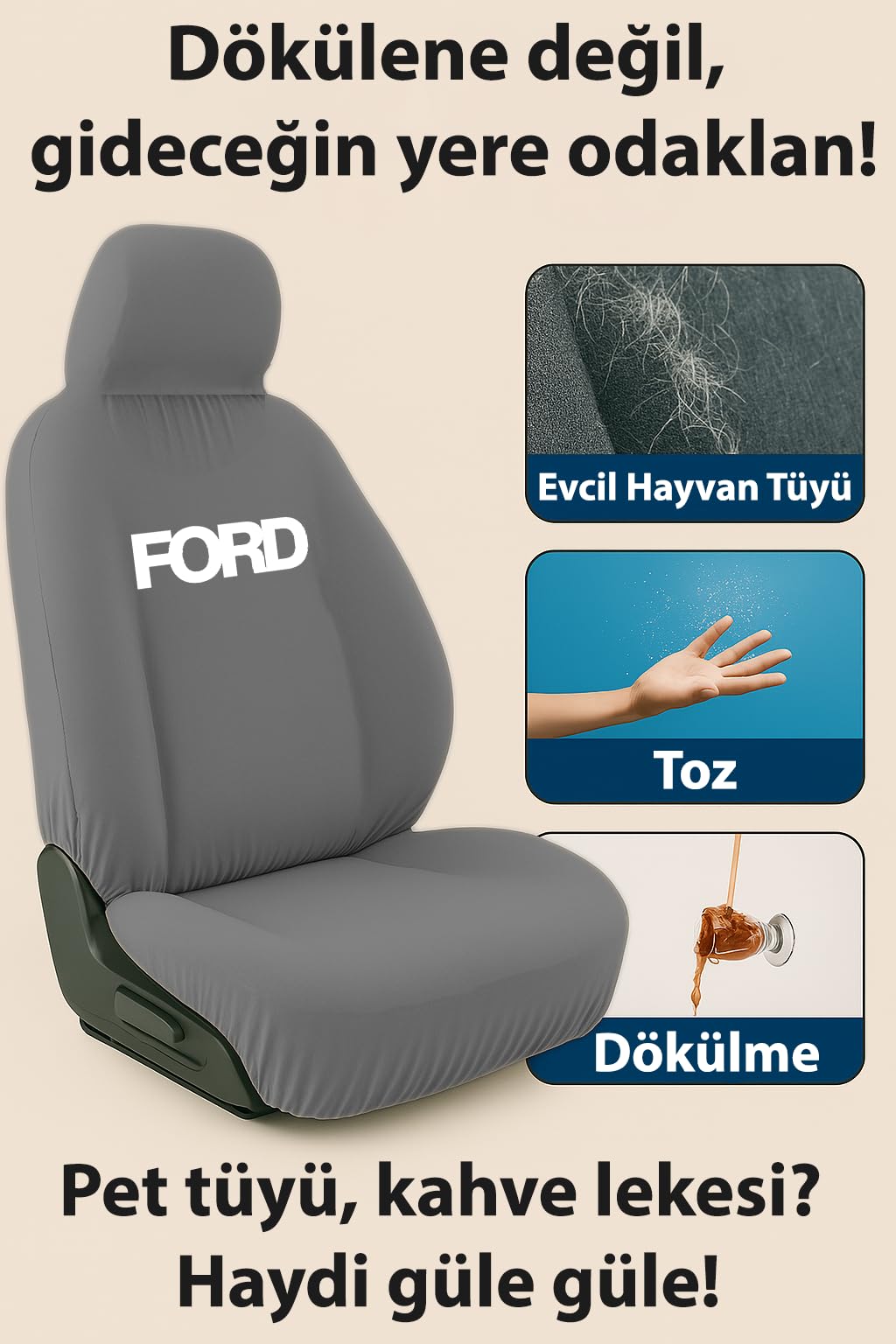 Terletmeyen kumas ve birebir uyum sunan Ford Tourneo Courier ile uyumlu oto koltuk kılıfı Gri