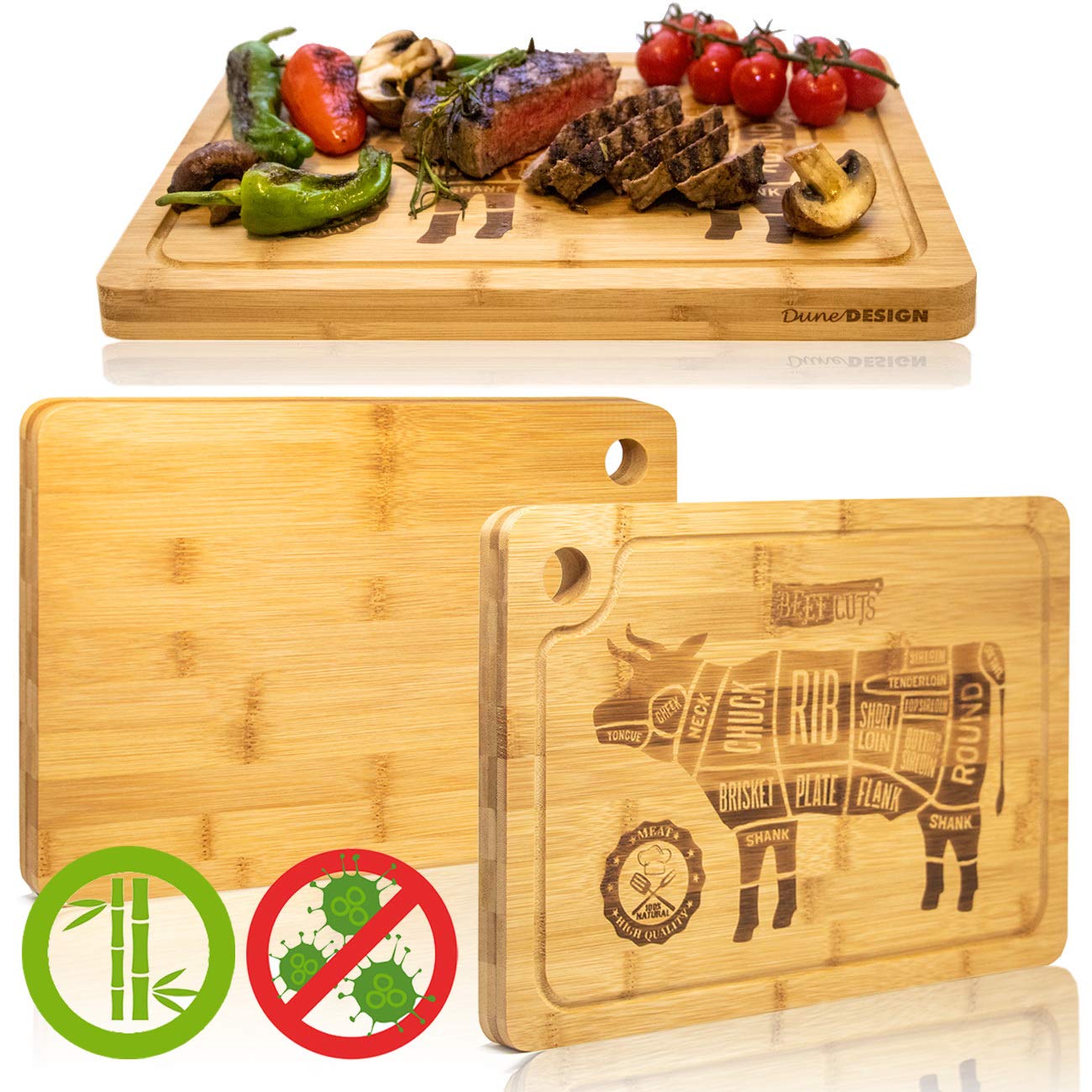 DuneDesign Juego de 4 Tablas de Bambú Macizo para Bistec - 33x23x2cm Tabla de Cortar con Ranura de Jugo