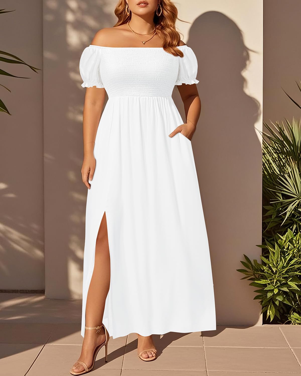 Plus Size Summer Dresses - Boho Casual Off Shoulder Floral Long Maxi Dress with Pockets