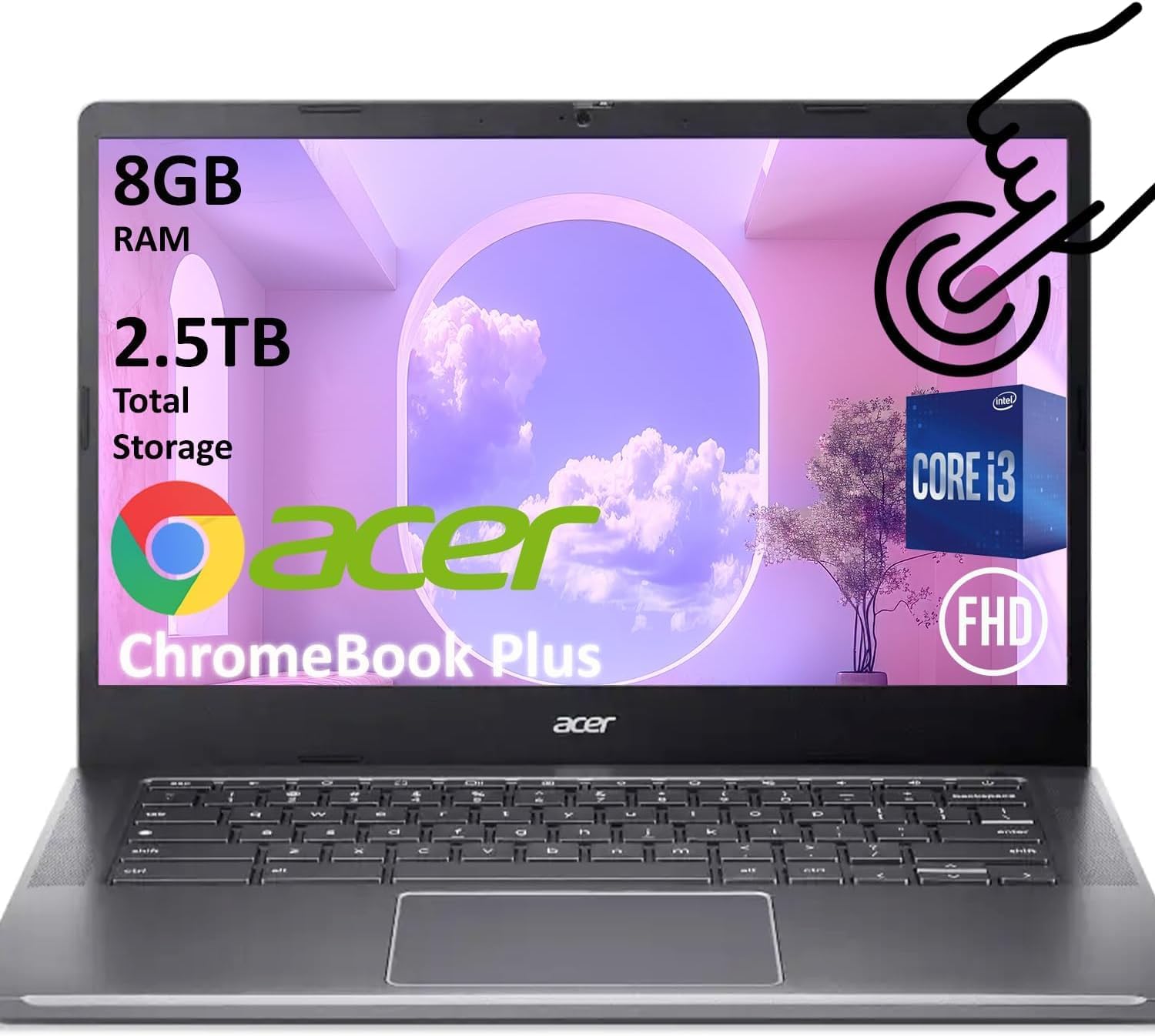 Chromebook Plus 514, 14" FHD Touchscreen Laptop, Intel 8-Core i3-N305, 8GB RAM, 512GB SSD, Chrome OS, Long Battery Life, High-End Business/Luxury Gift