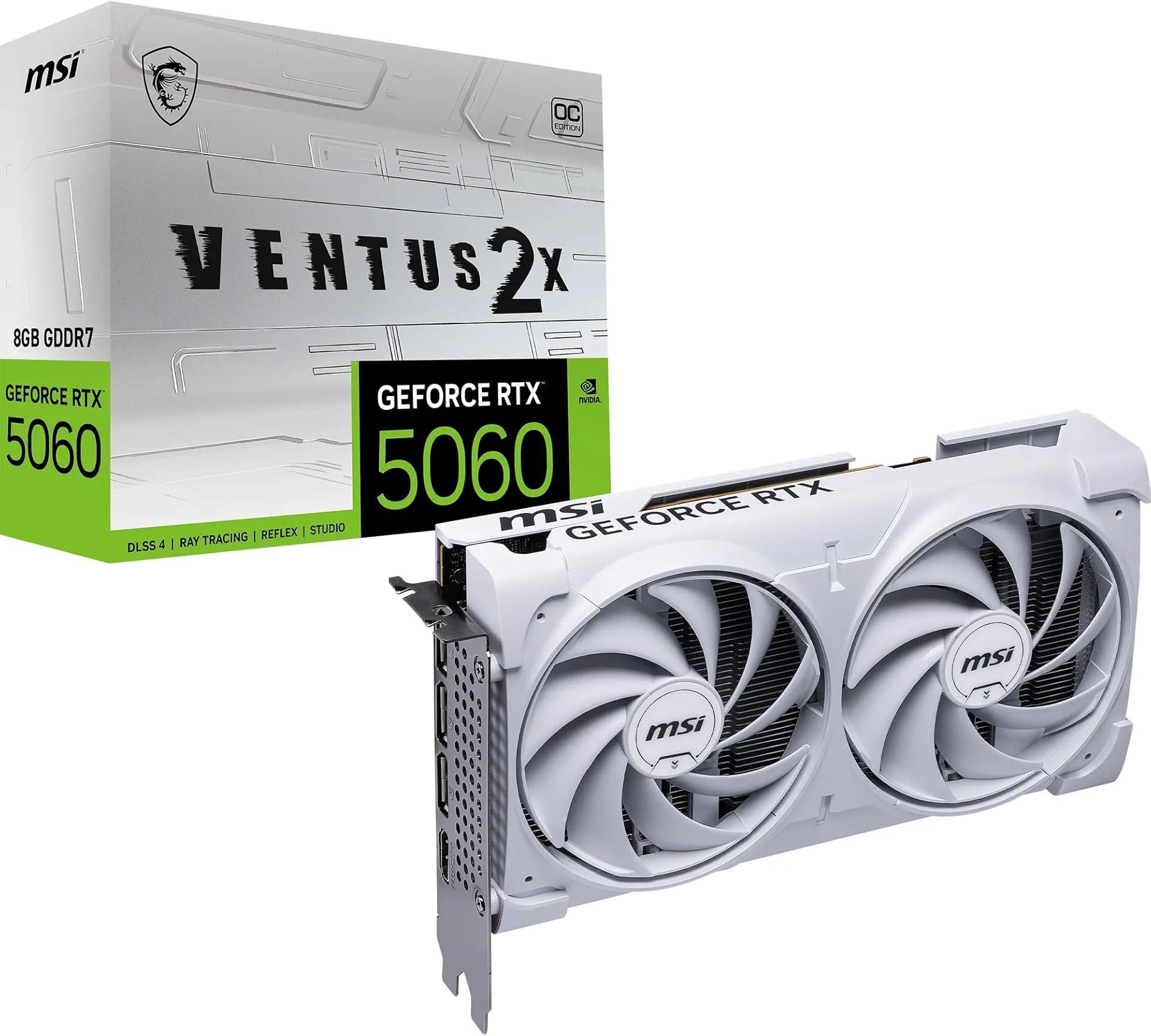 MSI GeForce RTX 5060 8G VENTUS 2X OC WHITE Graphics Card - RTX 5060 GPU, 8GB GDDR7 (28Gbps/128-bit), PCIe 5.0 - DUAL-Fan Thermal Design (2 x TORX FAN 5.0) - HDMI 2.1b, DisplayPort 2.1b