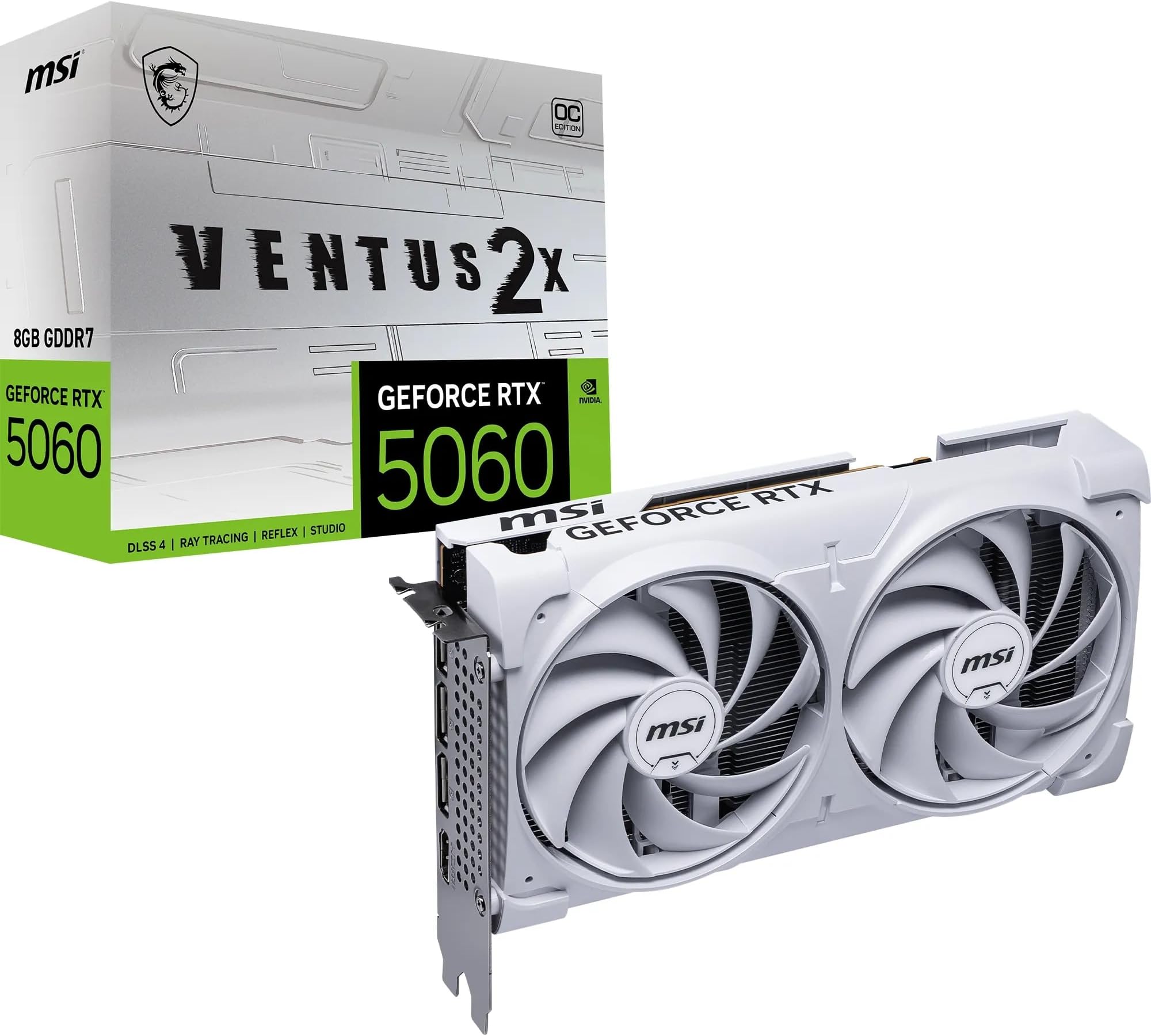 MSI GeForce RTX 5060 8G VENTUS 2X OC WHITE Graphics Card - RTX 5060 GPU, 8GB GDDR7 (28Gbps/128-bit), PCIe 5.0 - DUAL-Fan Thermal Design (2 x TORX FAN 5.0) - HDMI 2.1b, DisplayPort 2.1b