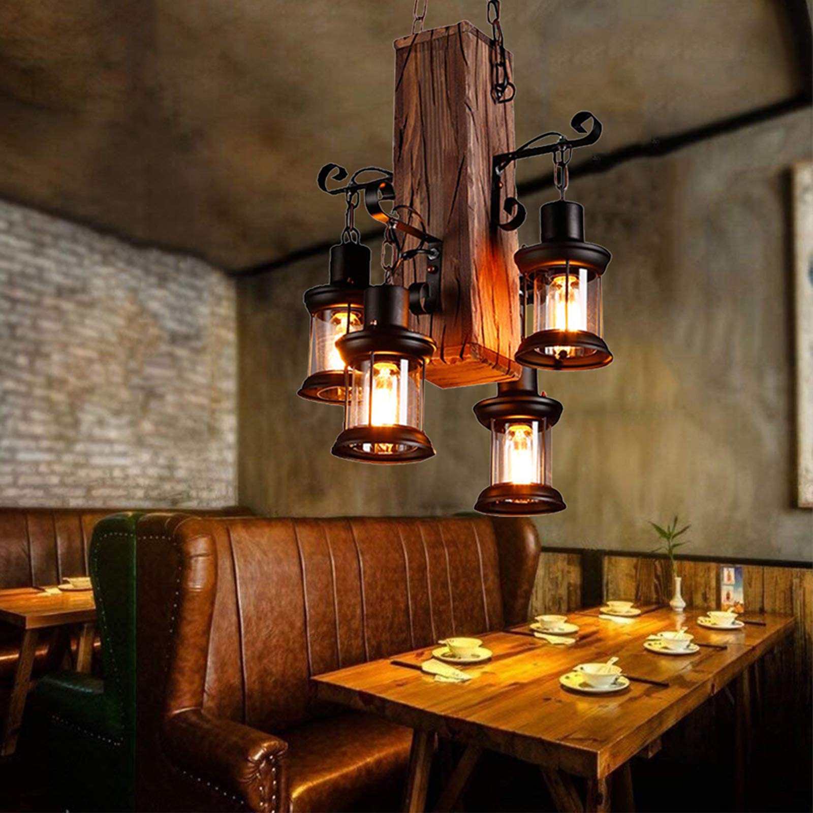 Vintage Pendellampe E27 Industrie Kronleuchter Retro Holz Pendelleuchte Antike Schwarz Eisen Glas Lampenschirm Höhenverstellbare Hängelampe Beleuchtung Loft Innen Esszimmer Wohnzimmer Deko Deckenlampe