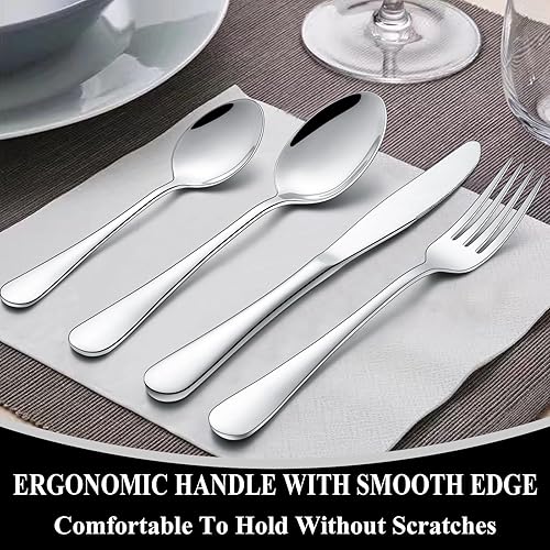 Miniatura 5 de Wildone - Juego de cubiertos de acero inoxidable incluye cuchillos tenedores y cucharas diseño pulido espejado apto para lavavajillas