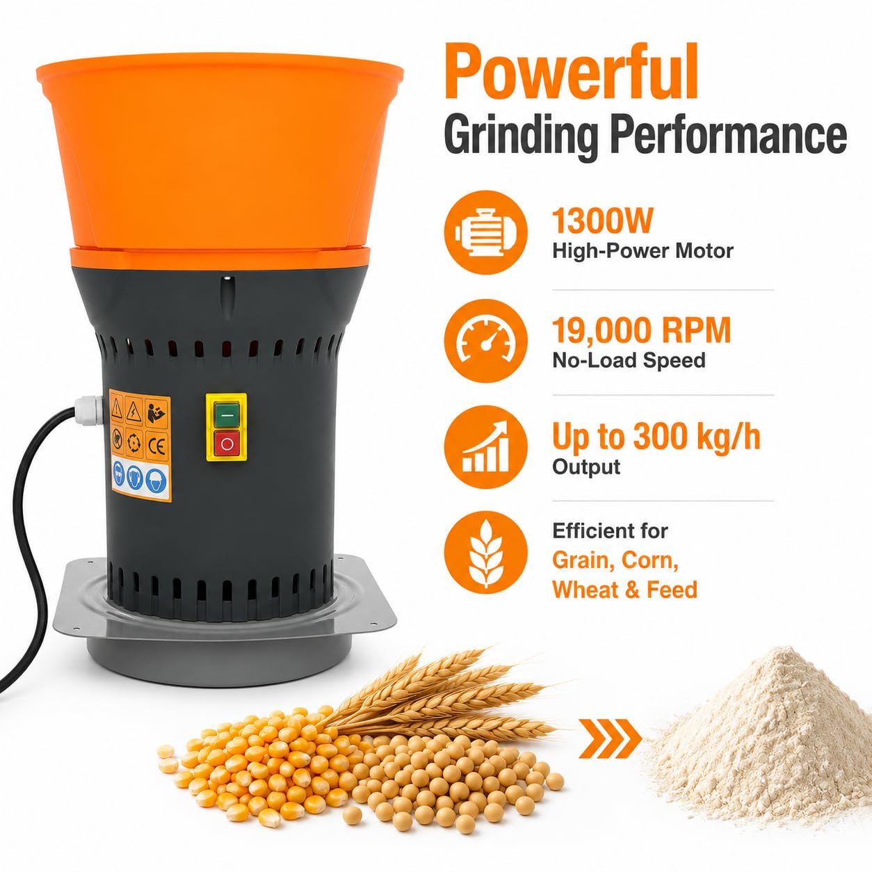 Macinino elettrico per cereali da 1300 W, con 3 misure di setacci per macinazione, 19000 giri/min, mulino elettrico per cereali, mais, grano, mangime, mulino per farina + 300 kg/h