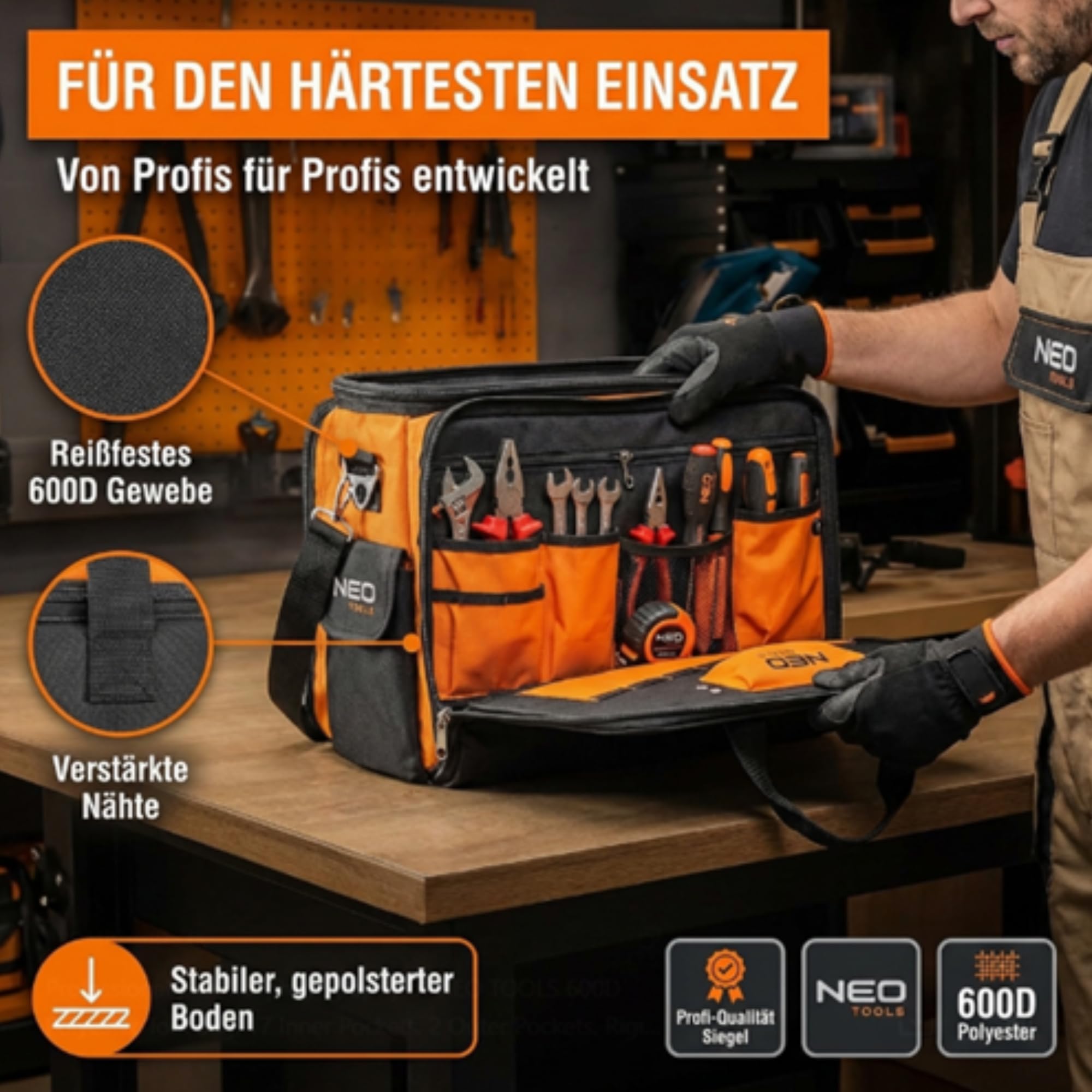 NEO TOOLS Werkzeugtasche Monteurtasche Polyester 600D, 17 Innentaschen, 2 Außentaschen, starre Bauweise, drei Hauptinnenfächer, verstärkte Reißverschlüsse 43.5 x 33 x 20 cm