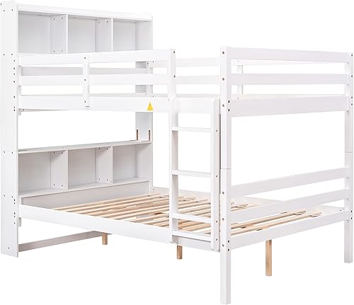 Miniatura 10 de HomSof Full Over Full Bunk Beds with Bookcase Headboard Solid Wood Bed Frame with Safety Rail and Ladder KidsTeens Bedroom Guest Room Furniture Can