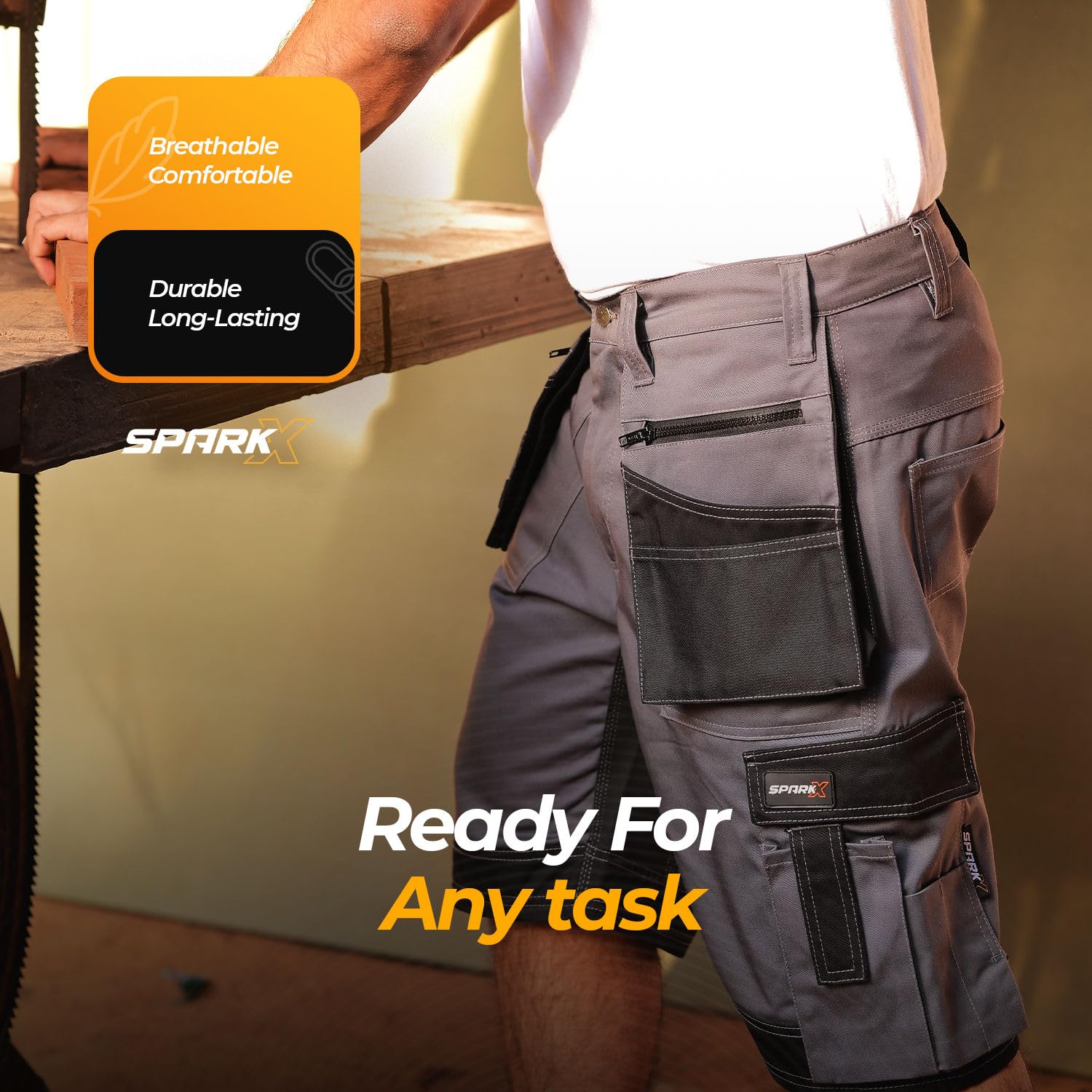 SparkX - Pantalones cortos de trabajo para hombre, ropa de trabajo resistente, con múltiples bolsillos, utilidad y seguridad, pantalones cortos de verano de combate - triple costura, transpirables y