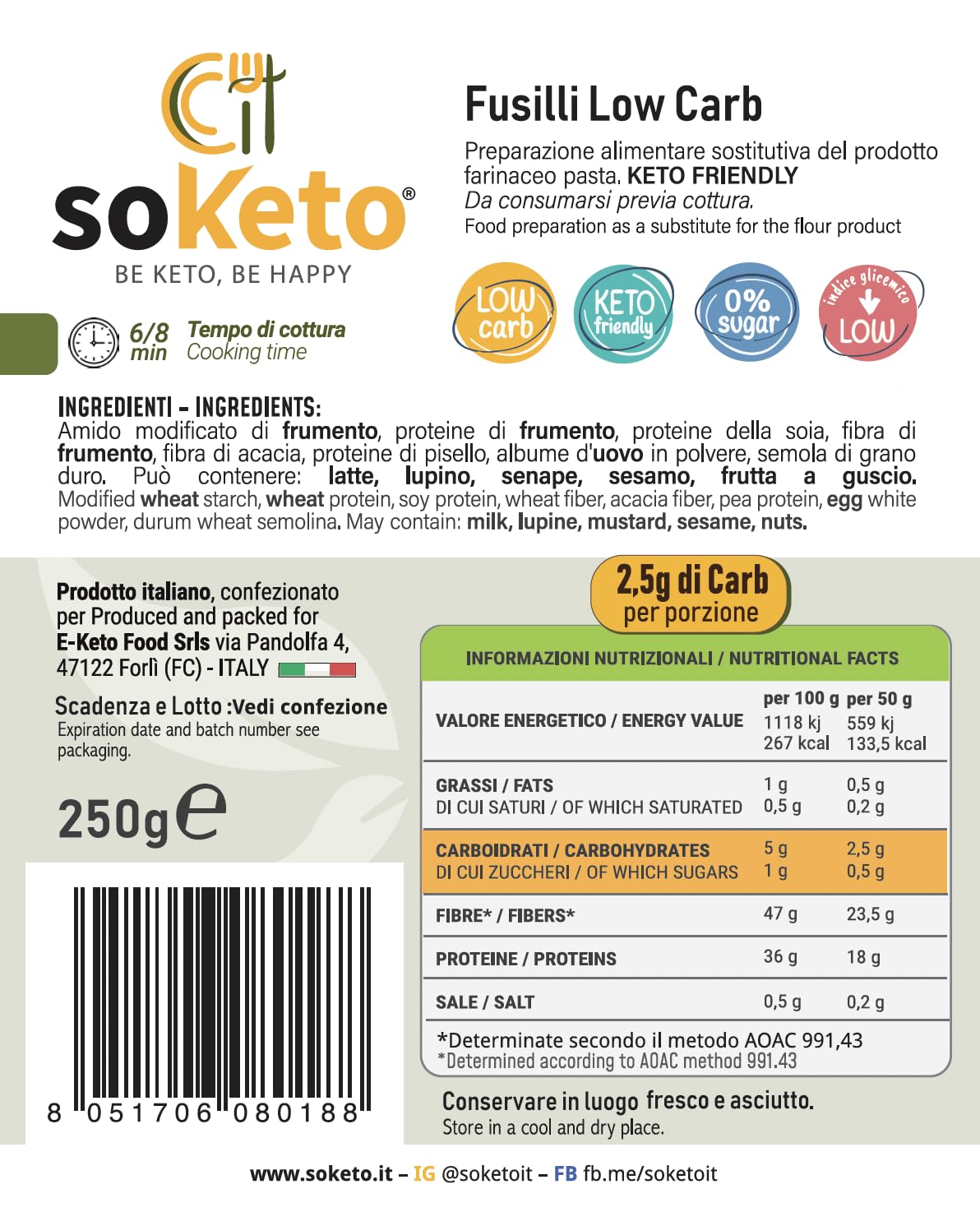 Fusilli Cheto Low Carbon Pasta Corta Pack de 5 unidades SOKETO con poco carbohidratos para dieta cetogénica (5 x 250 gr)