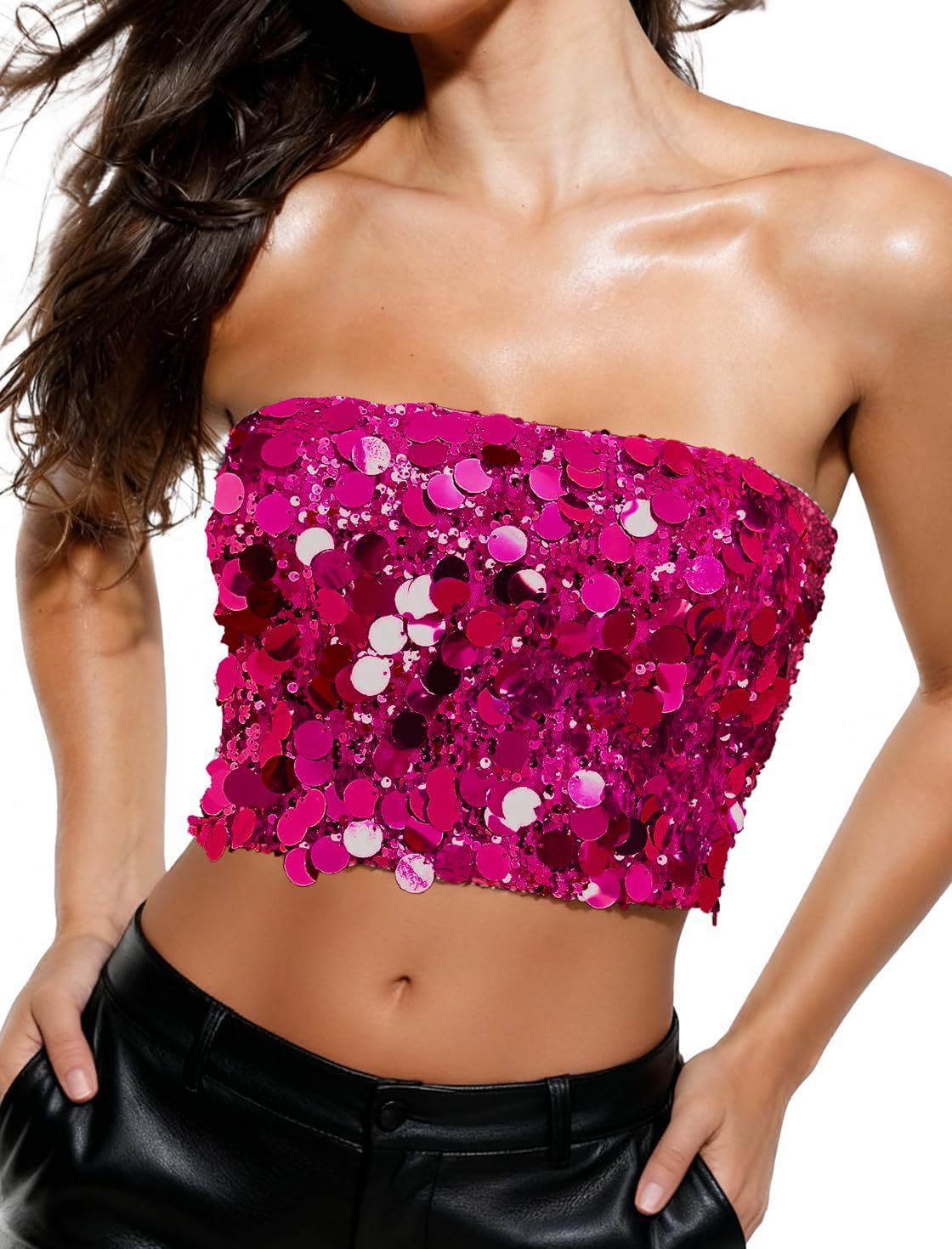 YYA Women's Sequin Strapless Top Short Sparkly Strapless Crop Top for Party, Clubwear, Festivals,City Walk S-XXL