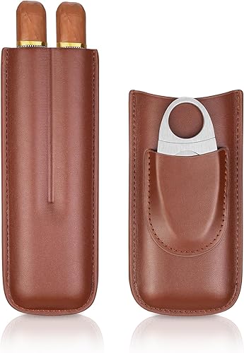 Estuche de cigarros de cuero de 2 dedos con cortador de madera de cedro forrado humidor de cigarros portátil de viaje (marrón)