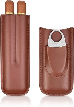 2-Finger Leather Cigar Case with Cutter Cedar Wood Lined Cigar Humidor Portable Travel Cigar CaseBrown