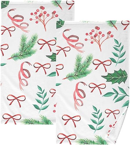 Miniatura 1 de ZOEO Christmas Leaves and Berries Bath Hand Towels 2 Pcs Absorbent Face Towel Soft Breathable Cotton Towel Set for Bathroom Kitchen Hotel Spa Decor