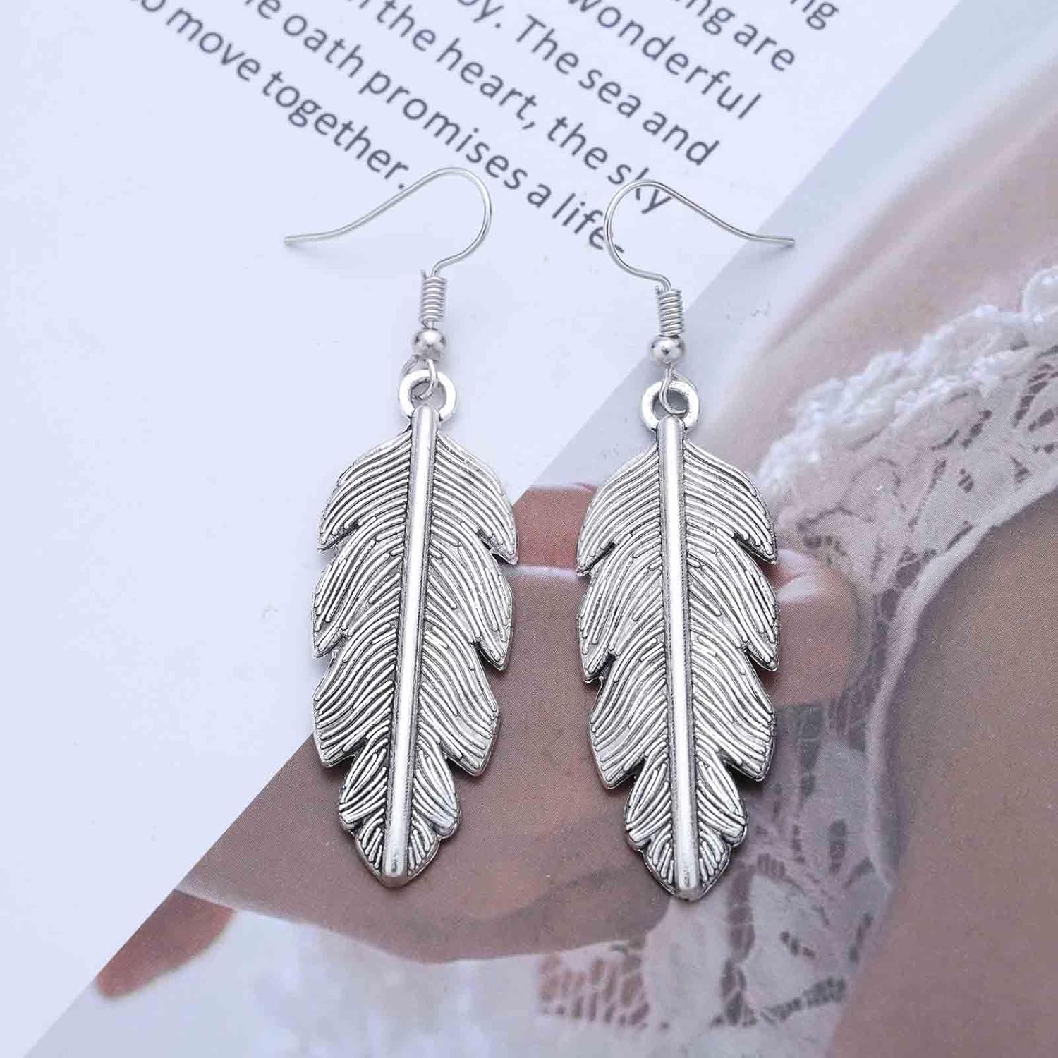 Vintage Filigree Leaf Drop Earrings Silver Hammered Feather Earrings Metal Leaf Dangle Hook Earrings Textured Leaf Earrings Jewelry for Women - Image 3