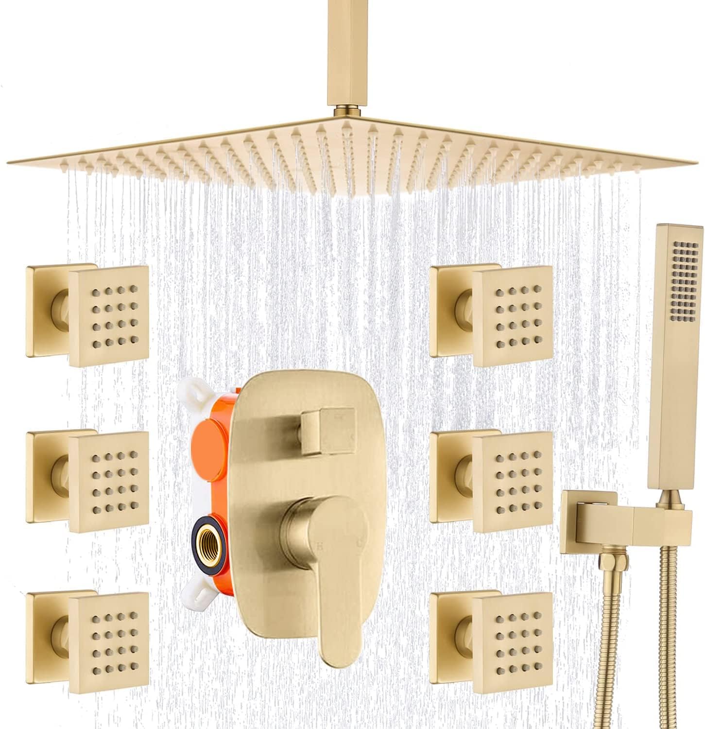 AYIVG Rain Shower Body Spray Jets System Bathroom Body Brass Brushed Gold 12 Inch Ceiling Rainfall Shower System Body Jet Mixer Set