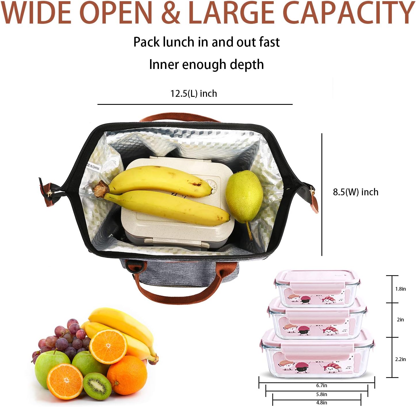 BRINCH Lunch Bag Insulated Lunch Box Leak Proof High Temperature Resistance Lunch Bags for Women Men Commuter Thermal Lunch Tote Cooler Bag Wide Open Drink Can Organizer Holder with Dual LOGOs,Gray