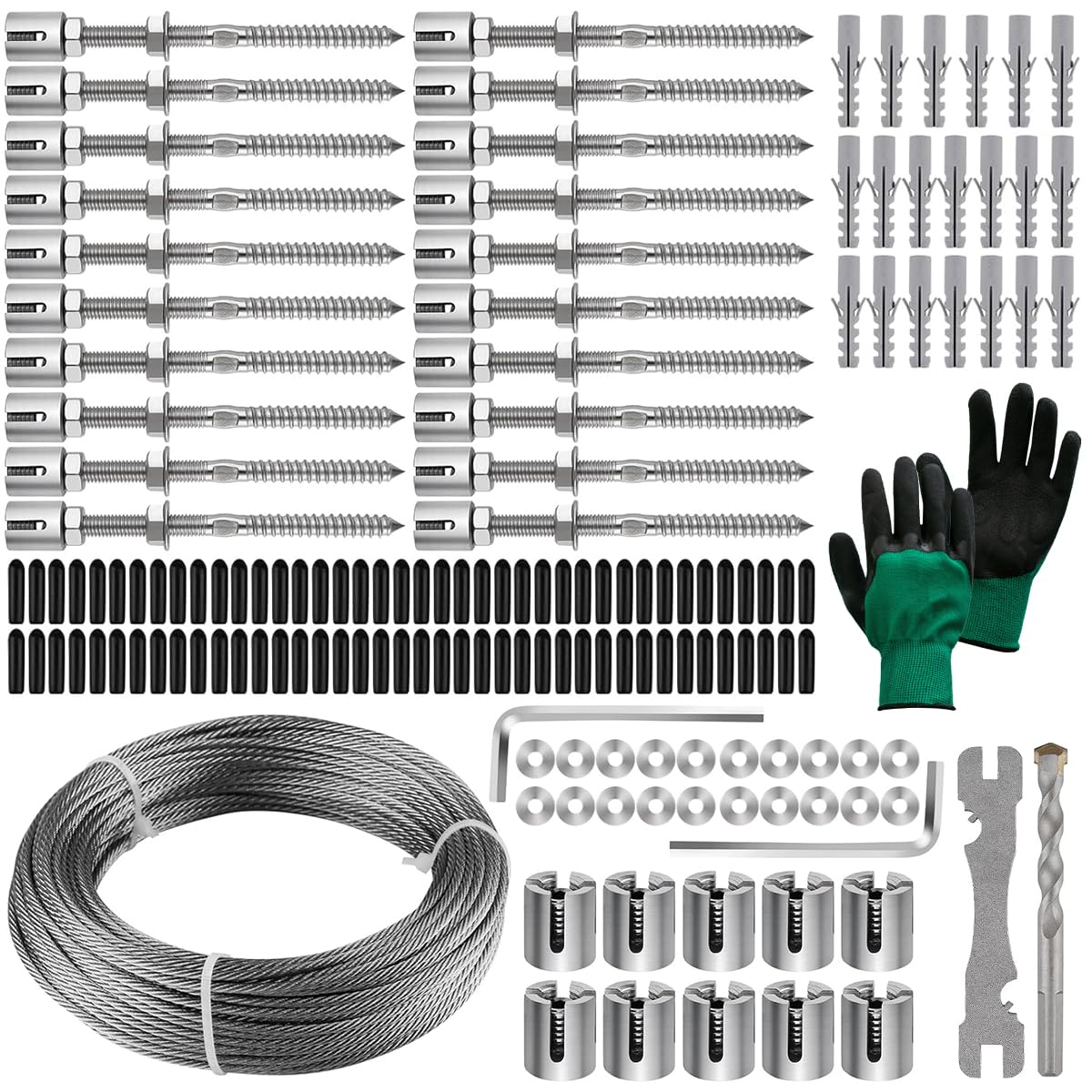 Rankhilfe aus Edelstahl für Kletterpflanzen, für Garten/Mauer/Beton/Zaun | 30M Spalier auf Plantagenstandard, mit 3 mm Durchmesser, Set Drahtseile System Kit für Pflanzen mit Wall Mount Brackets