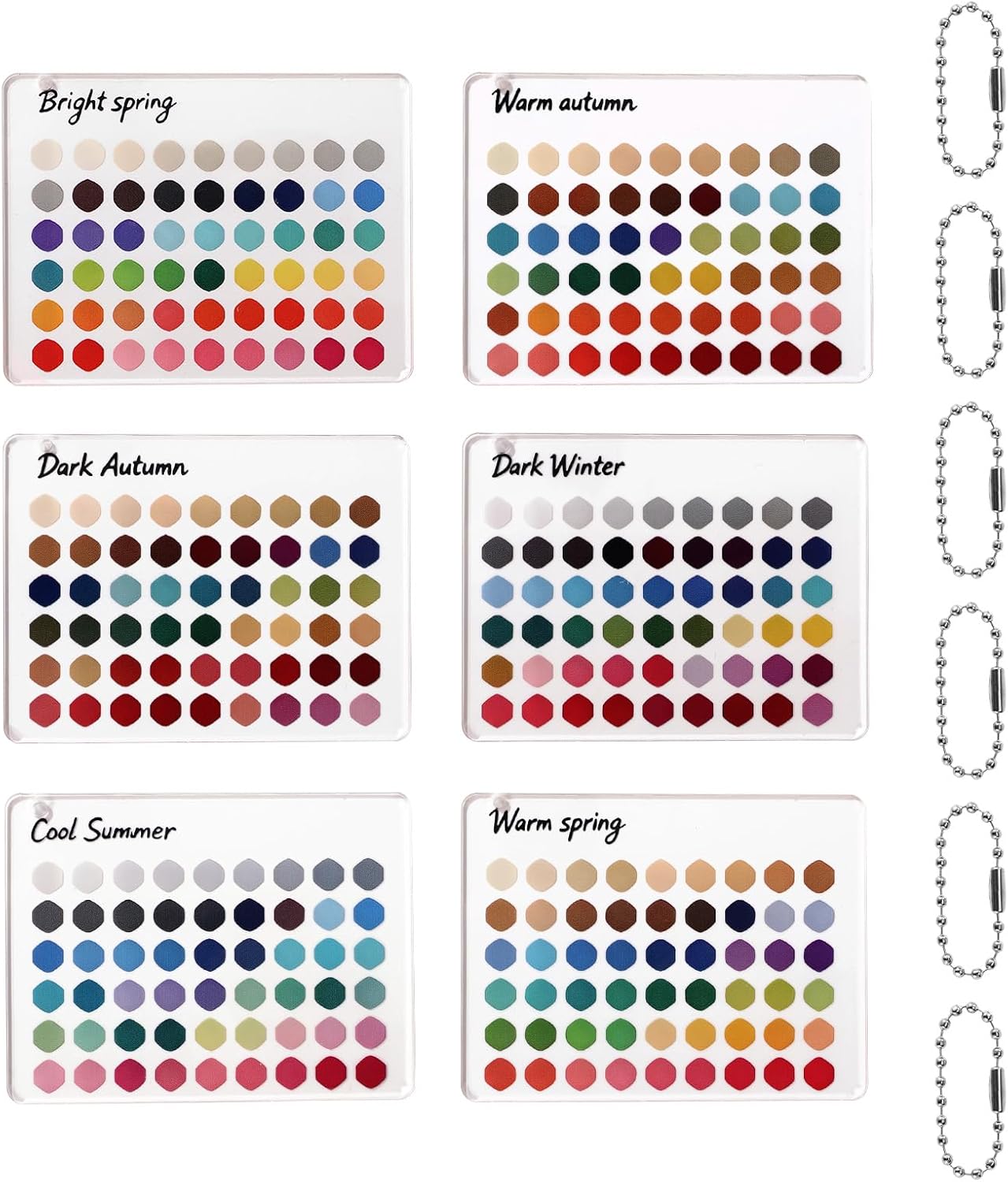 6pcs Seasonal Color Analysis Cards with Bead Chains, 6 Styles Color Palette Template Cards 54 Reference Colors per Season Ideal Matching Guides Fashion Advice & Gifts