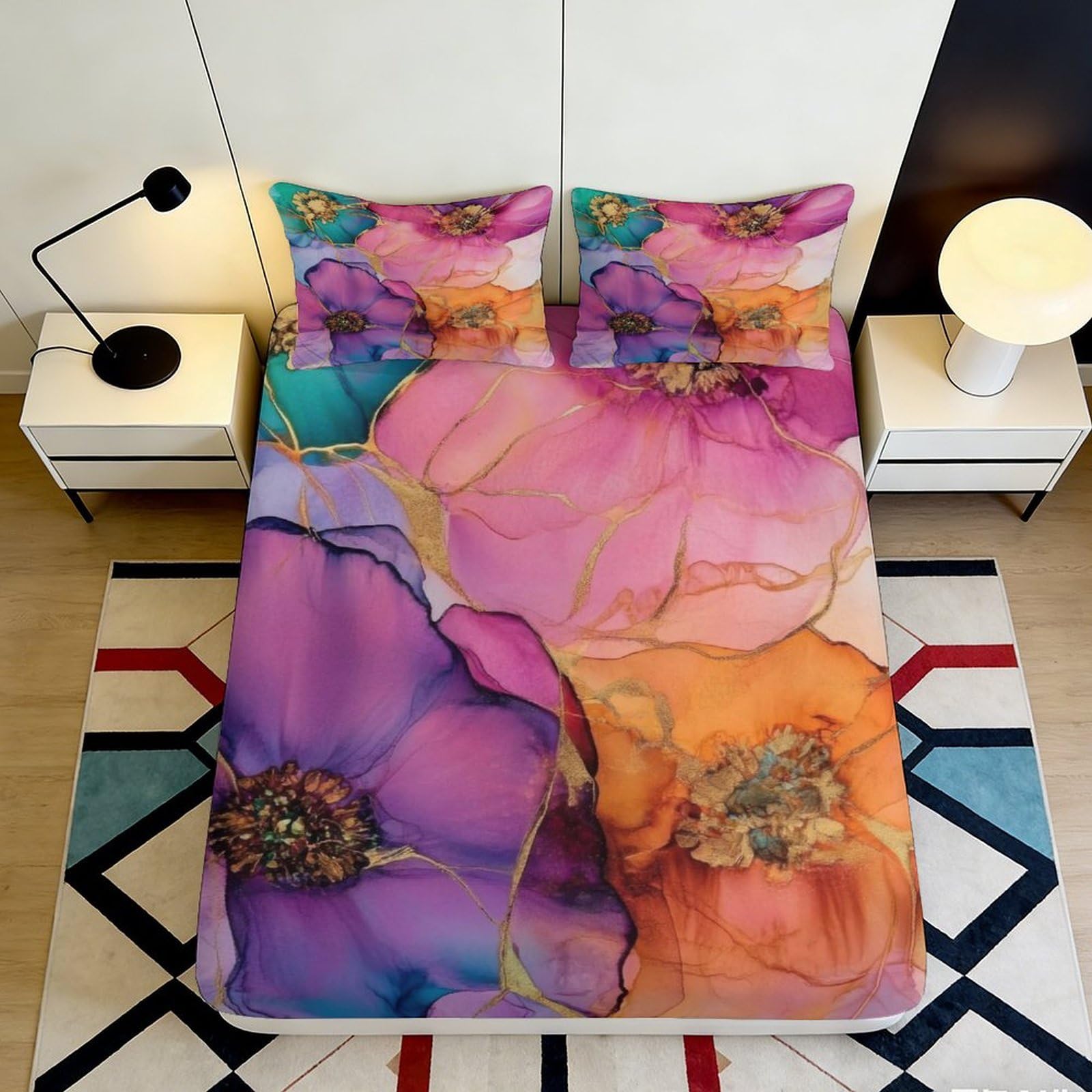 3D Printed Vibrant Floral Fitted Sheet Microfiber Soft Breathable Abstract Flowers Bed Cover for Bedroom Dormitory Guest Room Mattress Protection Decor 160x200x25cm
