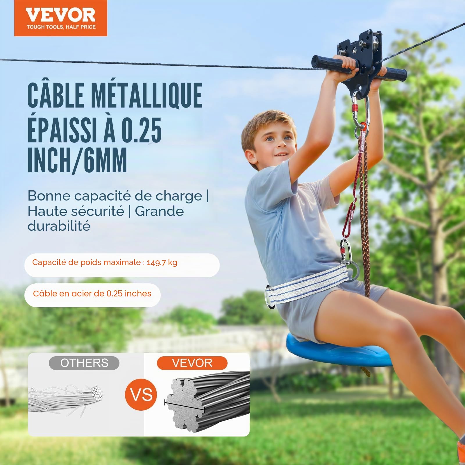 VEVOR Tyrolienne 18,3 m Kit de Tyrolienne Complet Charge 150 kg Configuration Facile avec Frein à Ressort Ceinture et Harnais de Sécurité pour Jardin Arrière-Cour (Ados Uniquement. Pas pour Adultes)