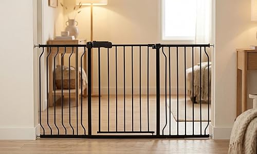 Miniatura 30 de Puerta de seguridad resistente para bebés y perros de 86 a 104.7 pulgadas, metal negro, montada a presión, sin perforación, puerta para mascotas