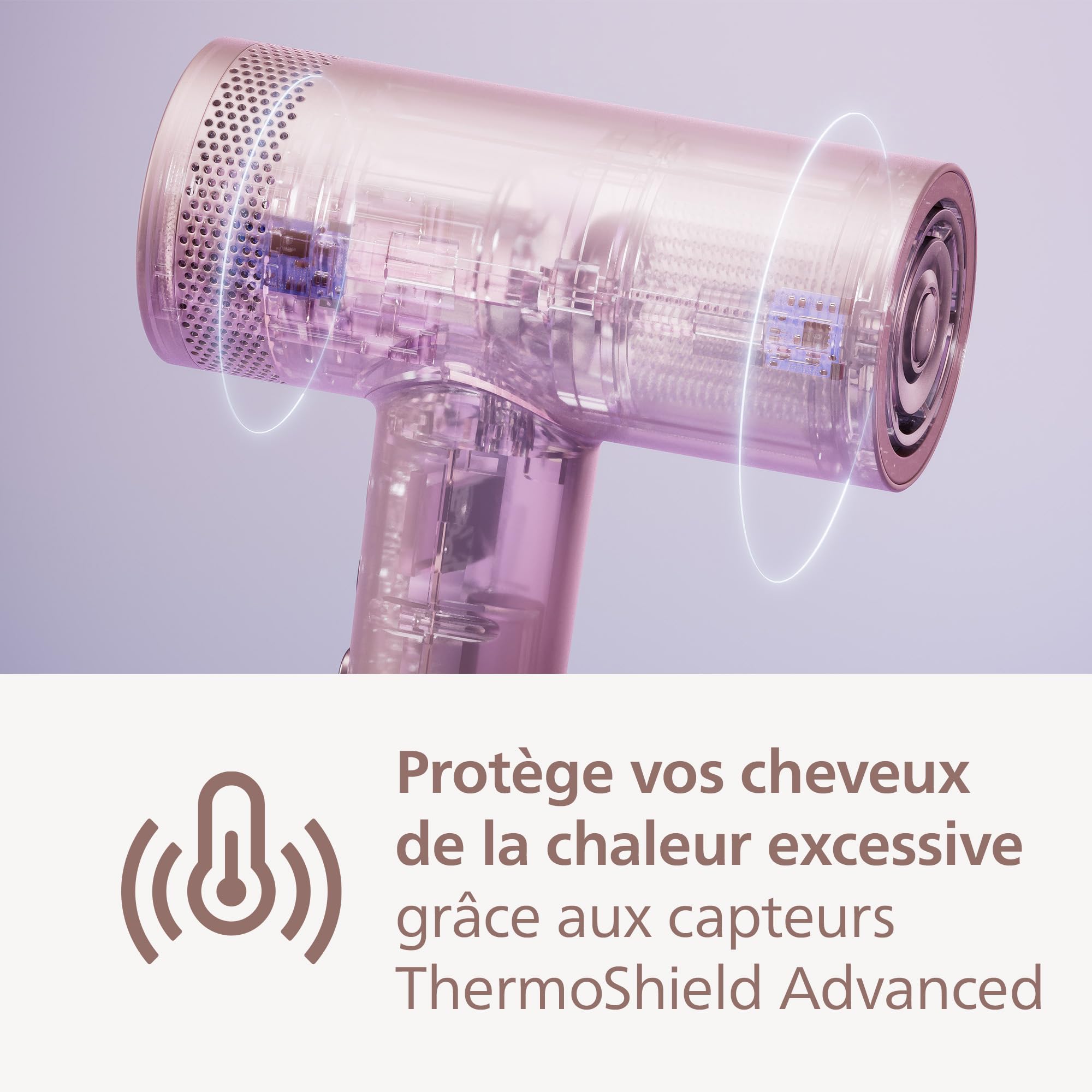 Philips Sèche-cheveux Série 8000 – avec ThermoShield Advanced et moteur BLDC pour un séchage rapide et soin du cuir chevelu, 1400 W, rose champagne, avec concentrateur et diffuseur, modèle BHD837/10