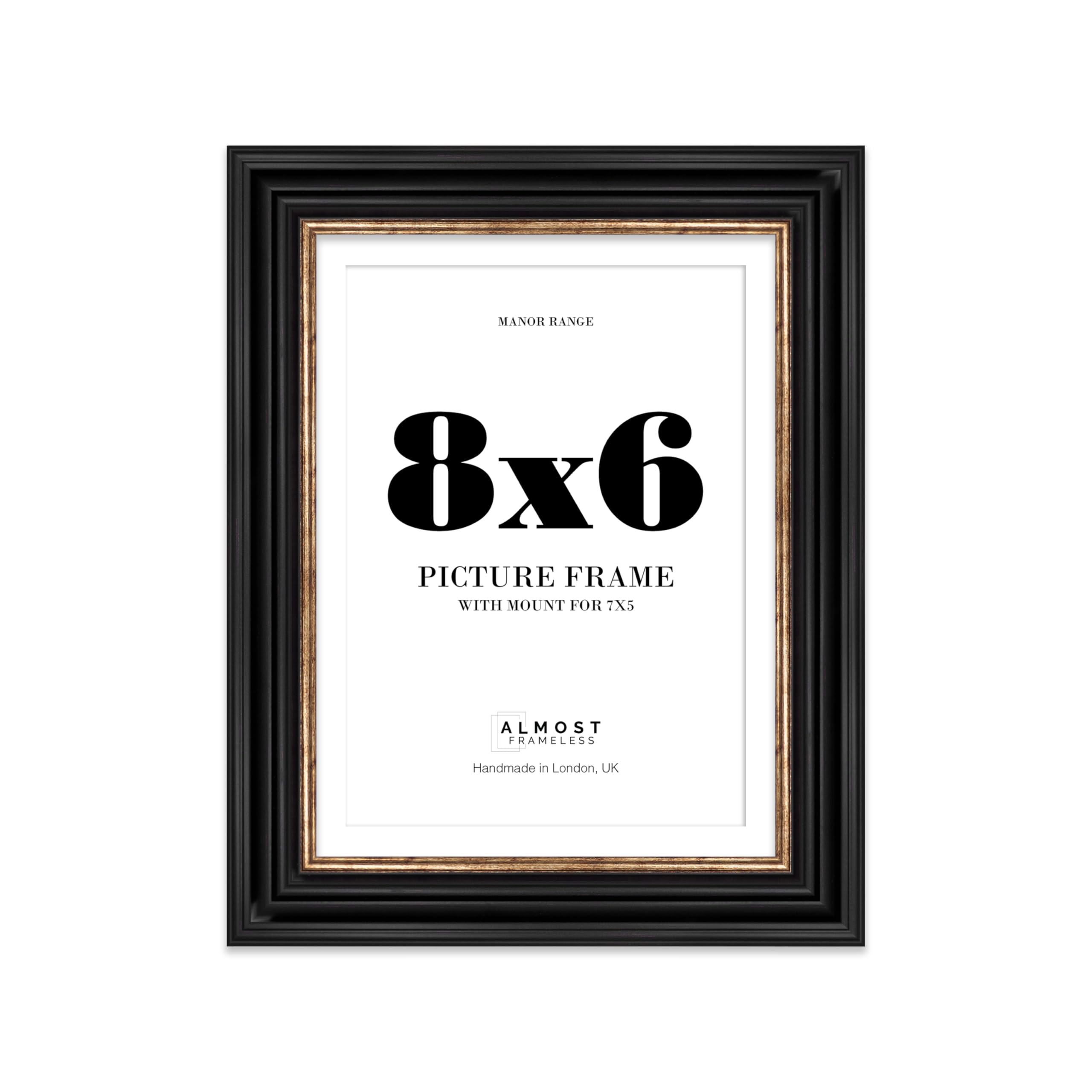 8x6 Black and Gold Picture Frame - 8x6 Frame with 7x5 Mount for 8x6/7x5 Pictures Luxurious Style Antique-Inspired Home Accessories, 1 Pack