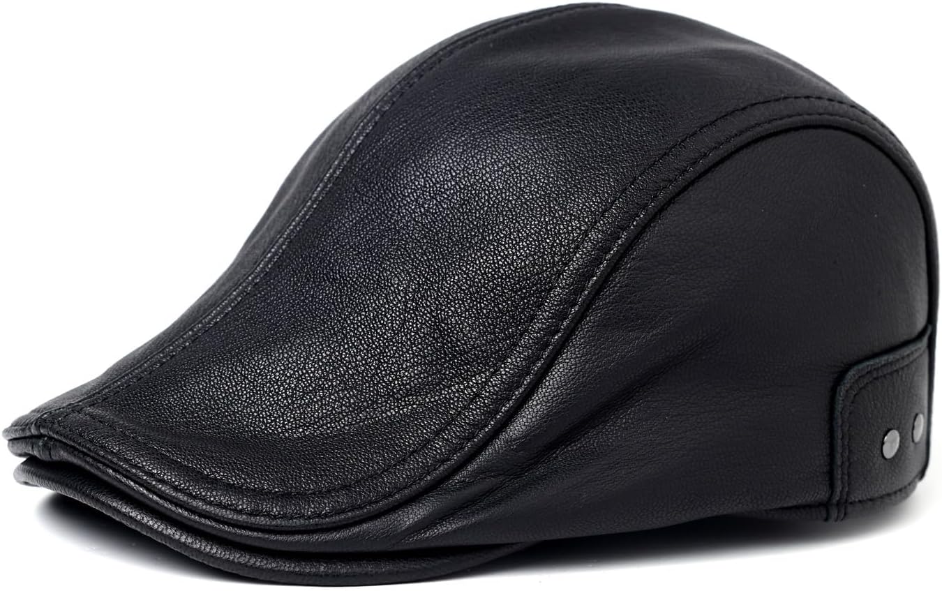 Genuine Leather Newsboy Cap for Men, Adjustable Strap Fits 22.4-23.6in, Black Driving Hat Premium Goat Flat Cap