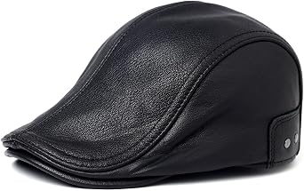Genuine Leather Newsboy Cap for Men, Adjustable Strap Fits 22.4-23.6in, Black Driving Hat Premium Goat Flat Cap