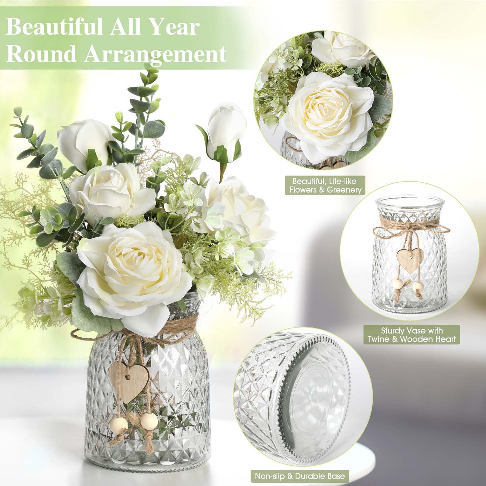 Amazon｜花瓶付きフェイクフラワー 白いバラ 造花 花瓶に入ったシルク