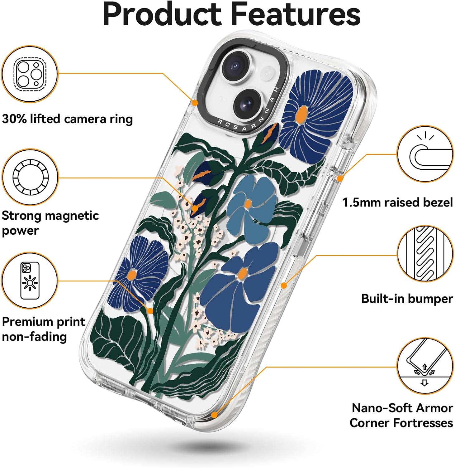 Rosarnnah for iPhone 13 / iPhone 14 Case Cute - Compatible with Magsafe - Military-Grade 20 ft Drop Protection Shockproof Phone Case - Funny Passiflora Caerulea Design (6.1") Glitter Clear