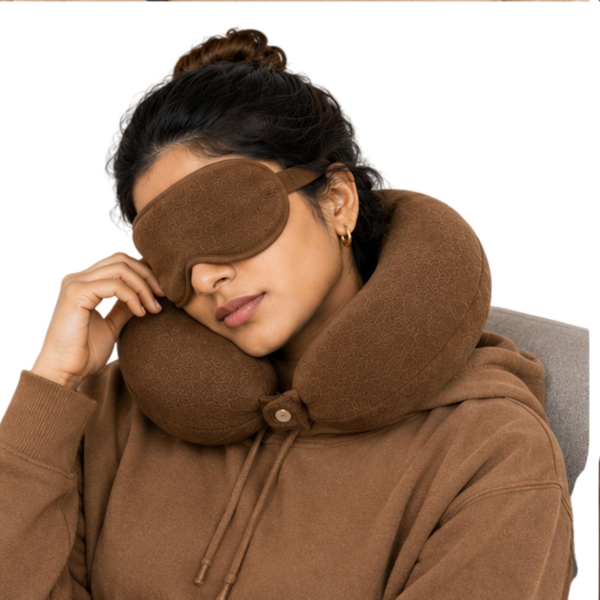 Brown Neck Pillow with Button Closure for Travel | U Shape Soft Thread Fabric Travel Cushion | Premium Fiber Filled Neck Rest for Flight, Car, Train, Bus, Office, Home & Long Journeys-image-42