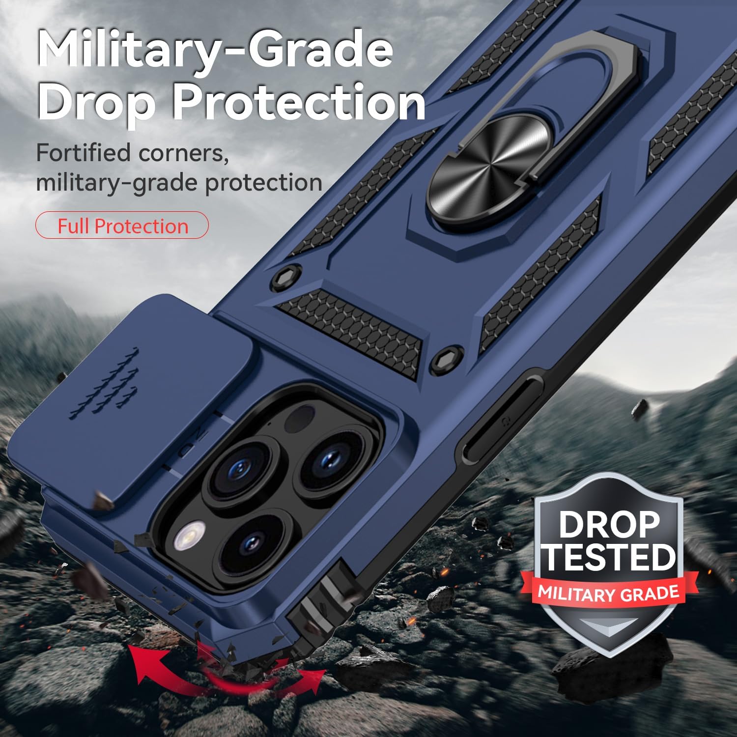 Compatible with iPhone 15 Pro Max Case 6.7", iPhone 15 Pro Max Magnetic Case with Camera Cover & Kickstand Military Grade Shockproof Cover Blue image 5